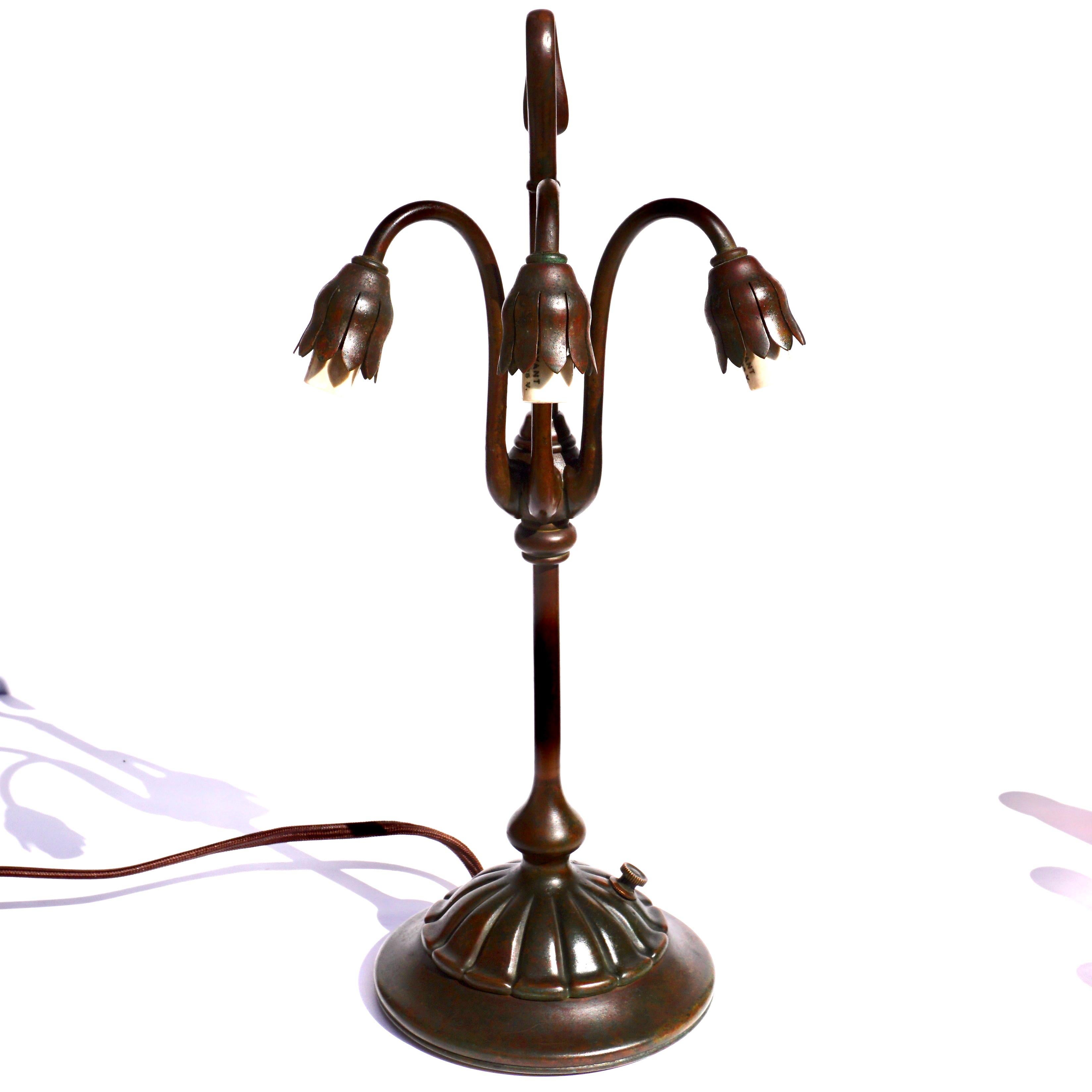 Tiffany Studios Three Light Lily Favrile and Bronze Lamp 1