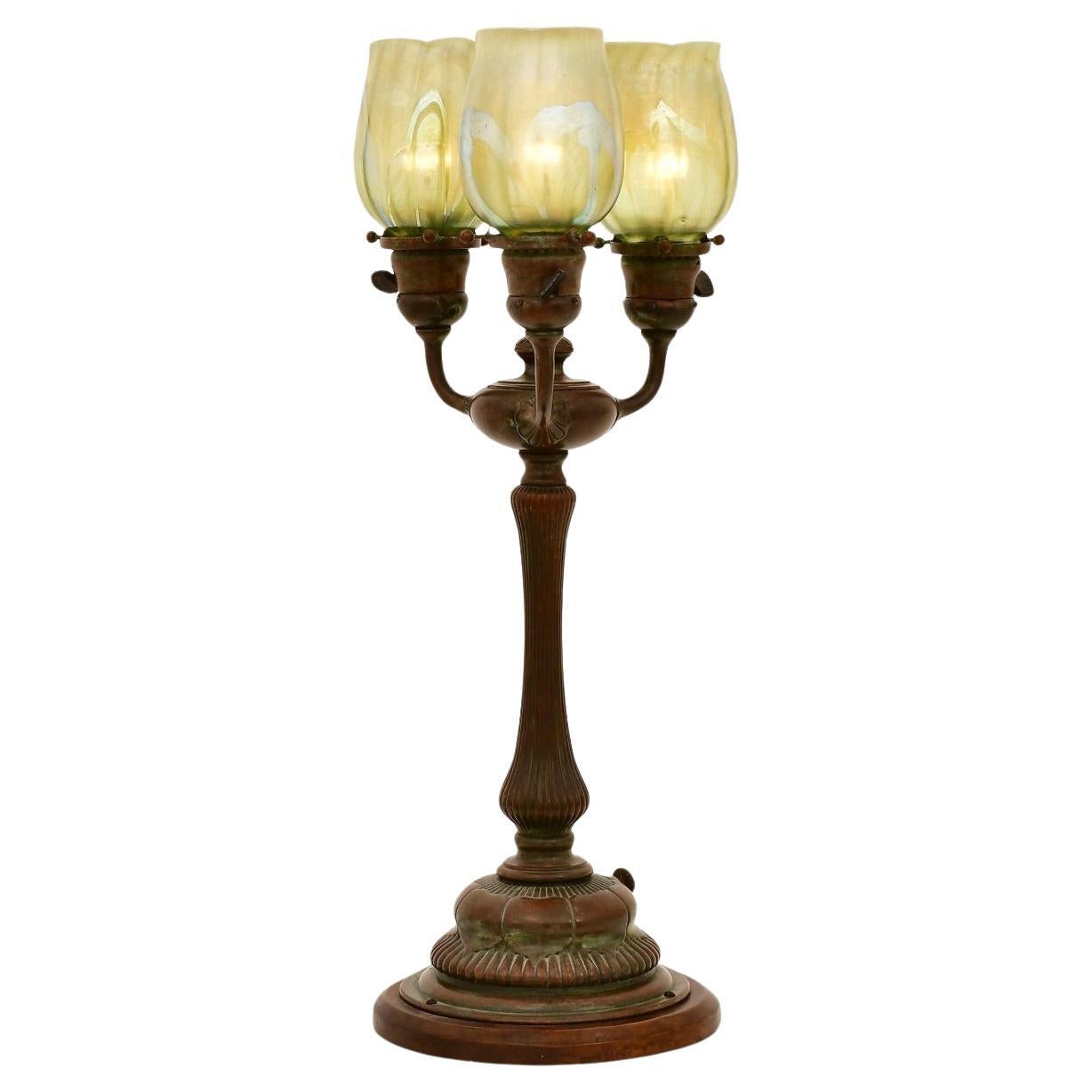 Tiffany Studios Three-Light Newel Post Table Lamp Pulled Feather Feather Shades