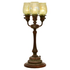 Tiffany Studios Three-Light Newel Post Table Lamp Pulled Feather Feather Shades