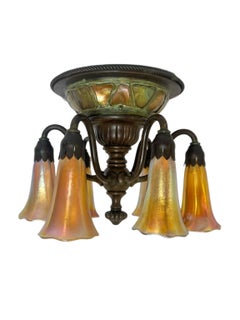 Tiffany Studios "Turtleback Tile" Six Light Lily Ceiling Light Chandelier