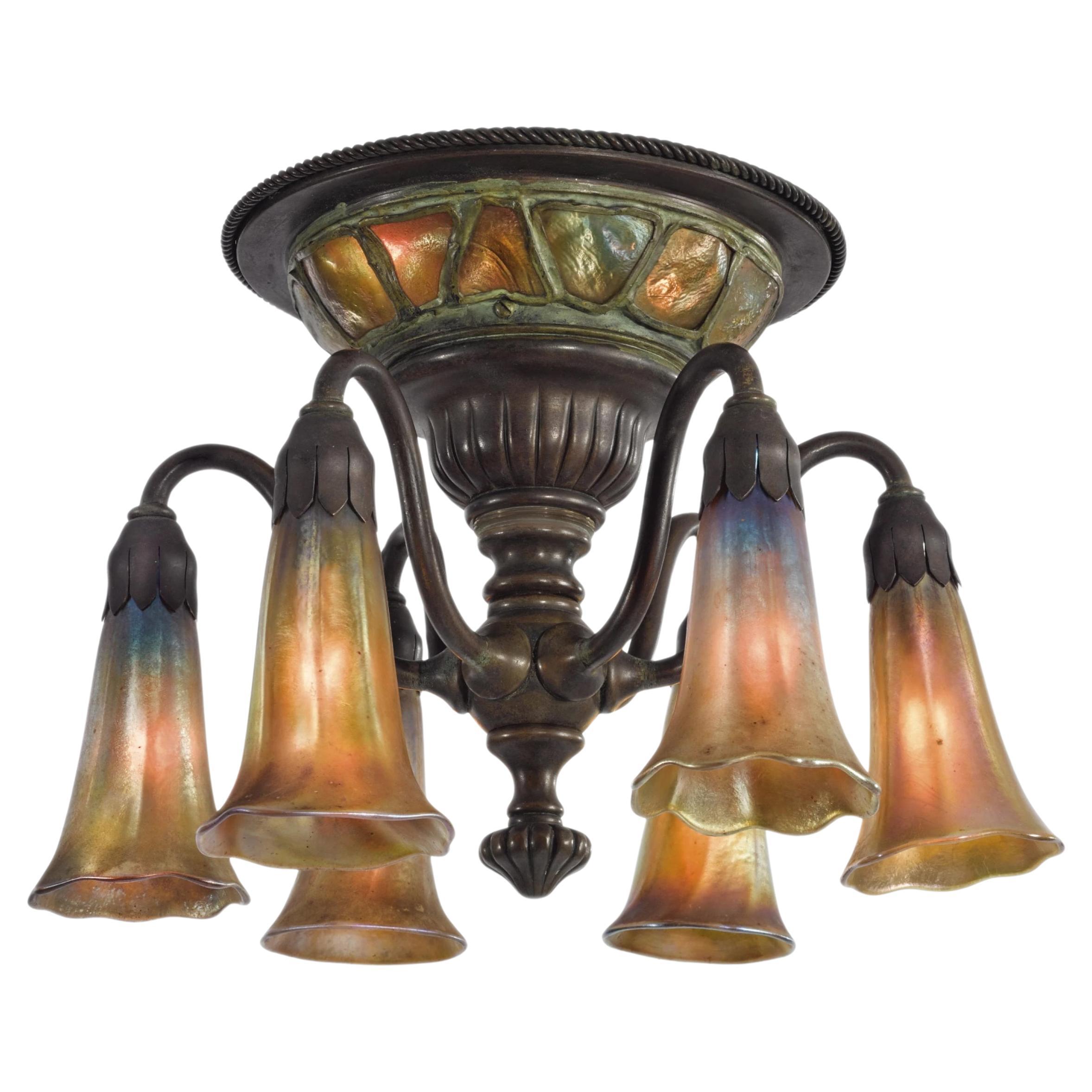 Tiffany Studios "Turtleback Tile" Six Light Lily Ceiling Light Chandelier For Sale