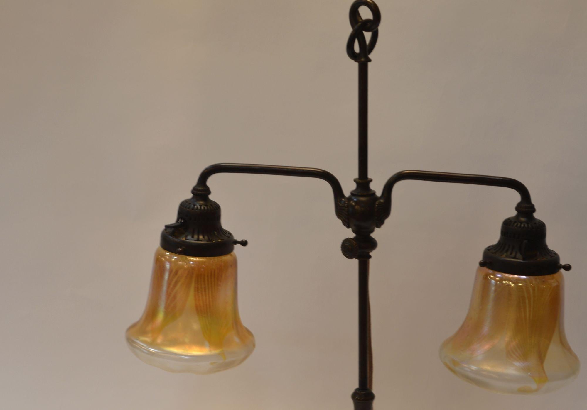 Tiffany Studios Two Light Bronze Favrile Table Lamp In Good Condition For Sale In Los Angeles, CA