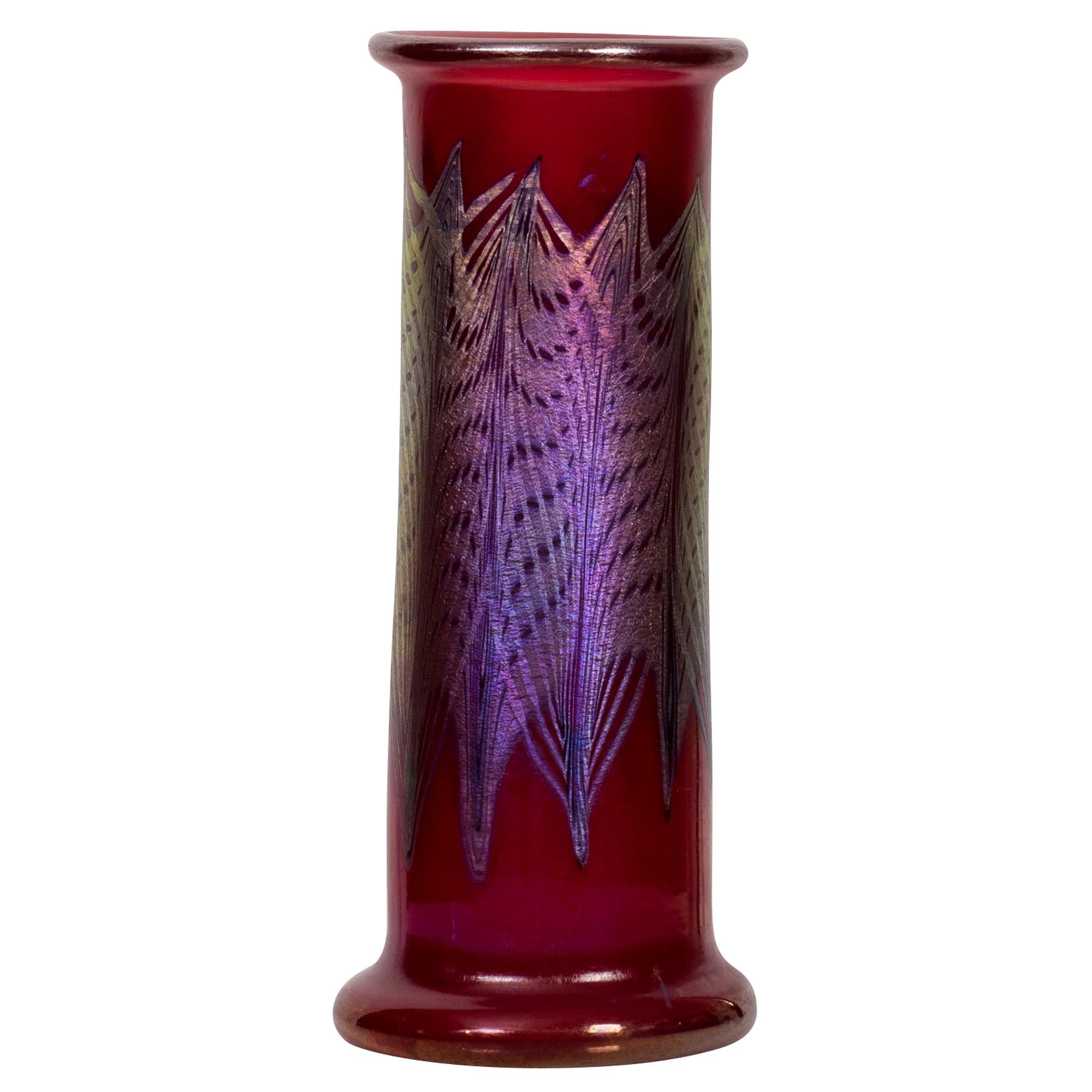 Tiffany Studios Very Fine Decorated Ruby Red Favrile Glass Vase For Sale