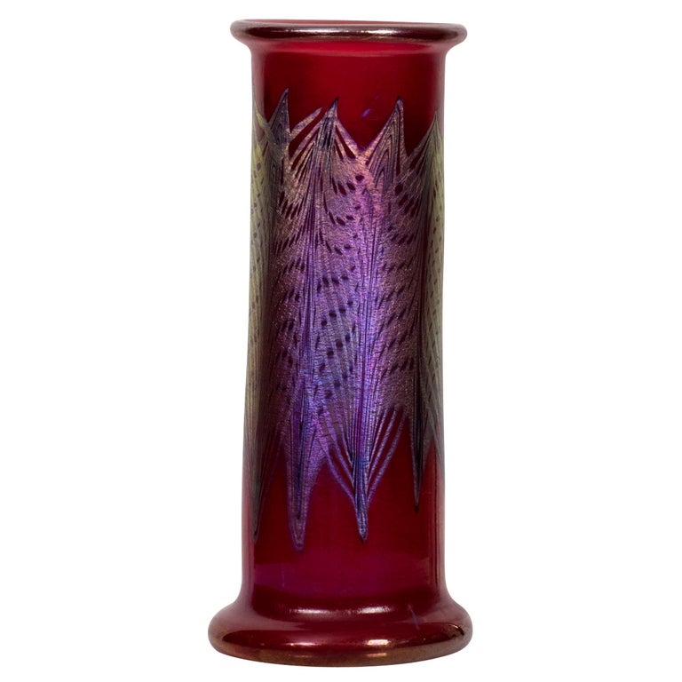Tiffany Studios Very Fine Decorated Ruby Red Favrile Glass Vase For Sale