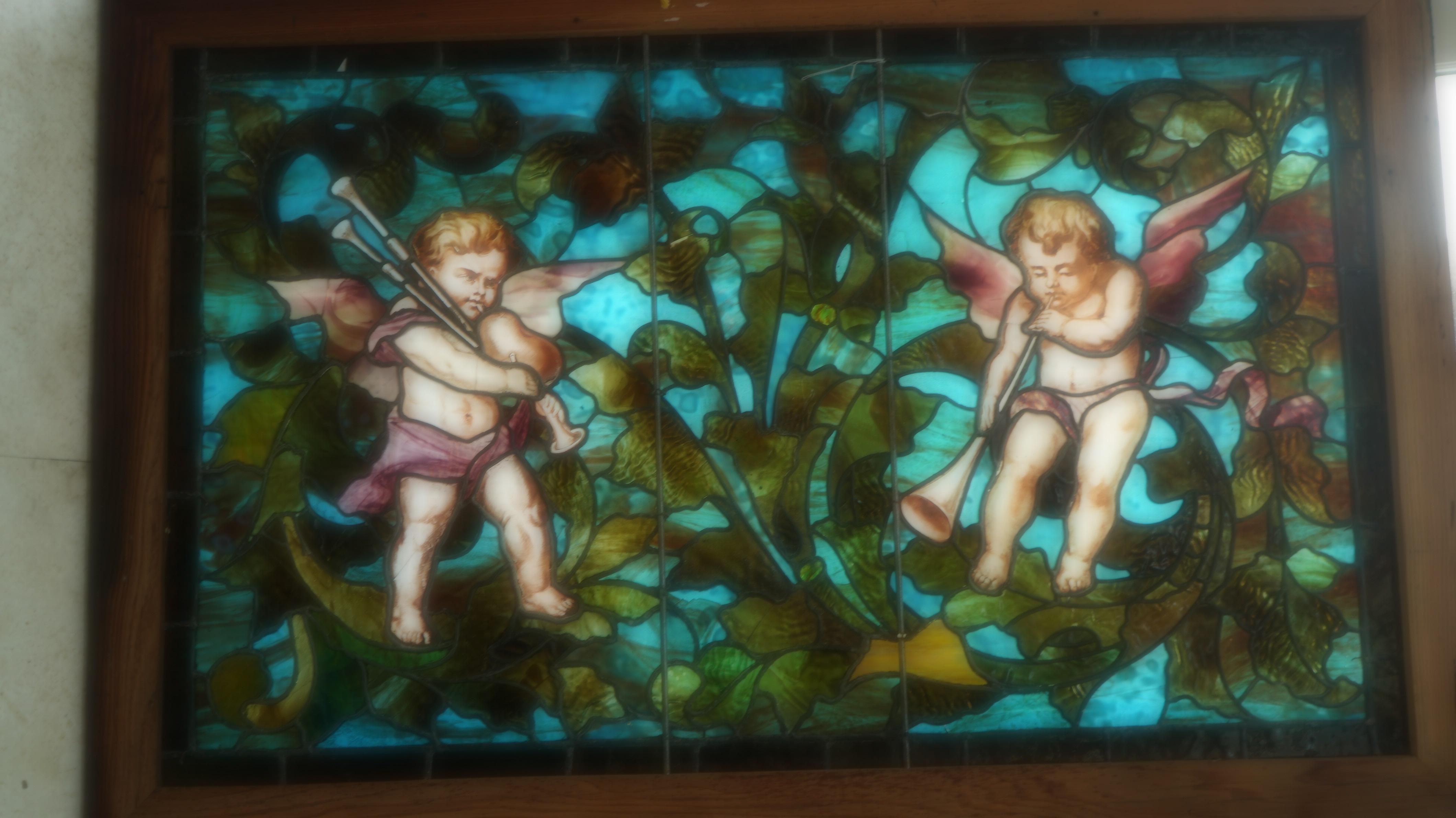 Tiffany Studios winged cherub/putti  leaded art glass music window  For Sale 1