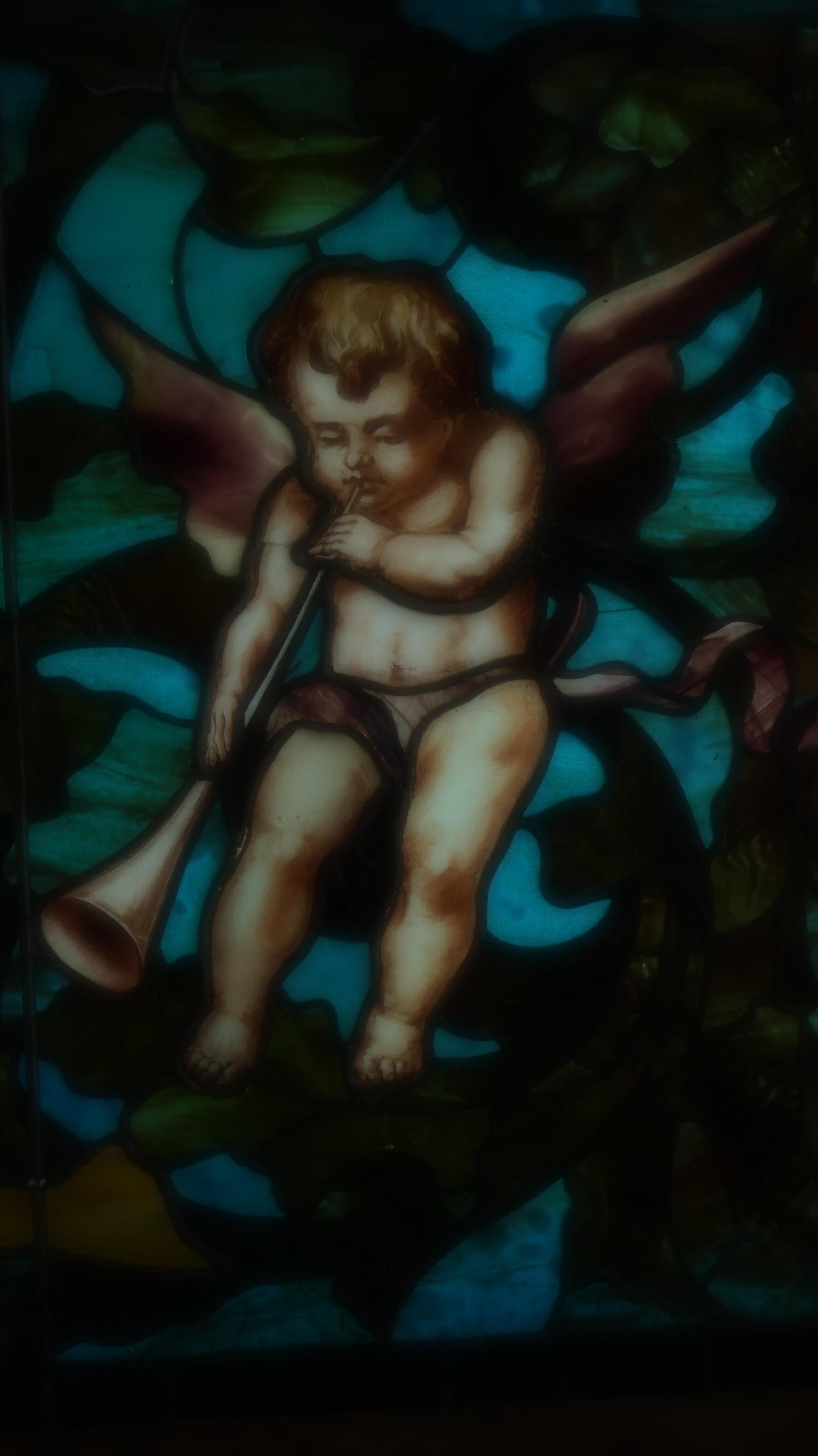 Tiffany Studios winged cherub/putti  leaded art glass music window  For Sale 2