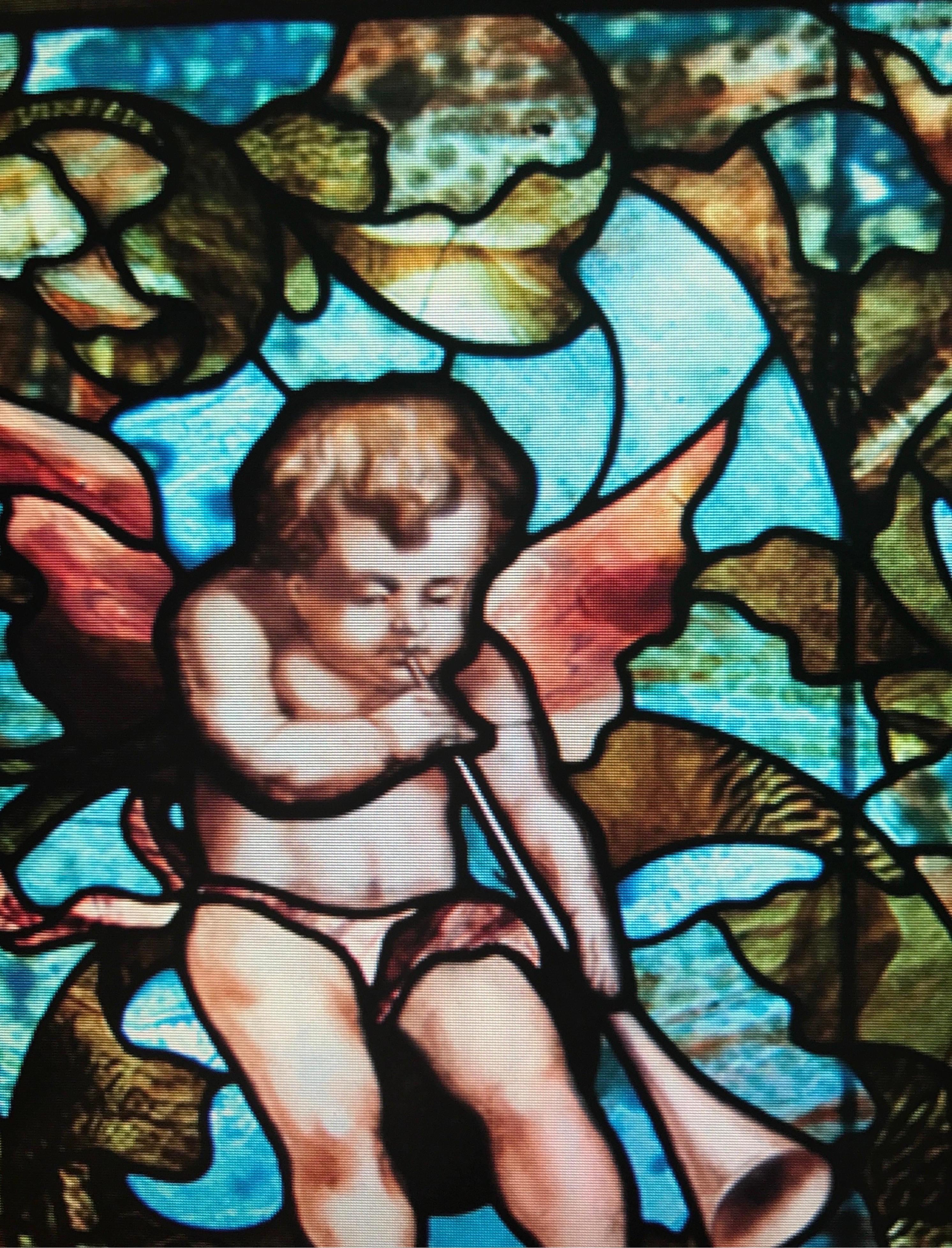 Romantic Tiffany Studios winged cherub/putti  leaded art glass music window  For Sale