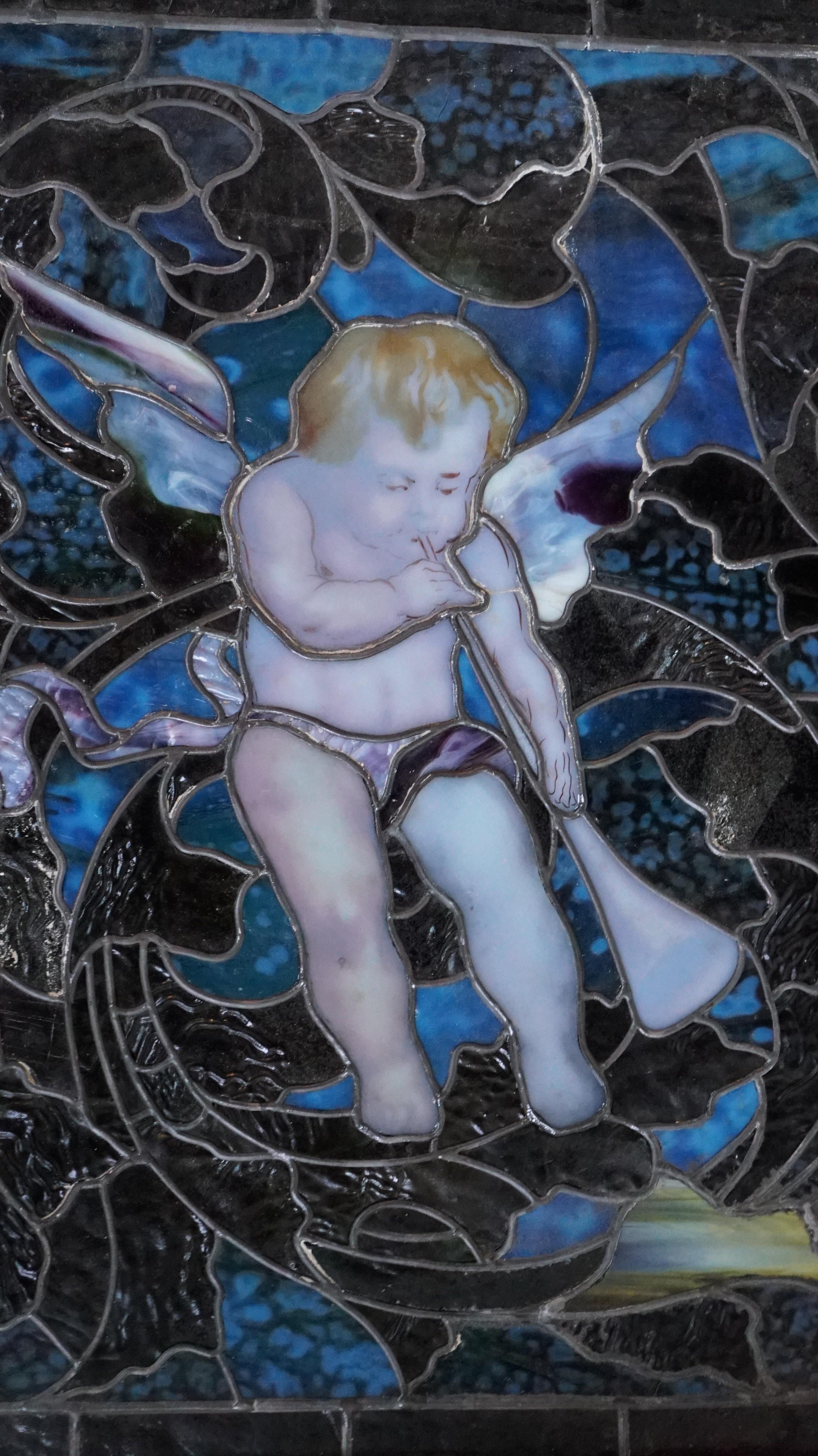 Hand-Crafted Tiffany Studios winged cherub/putti  leaded art glass music window  For Sale