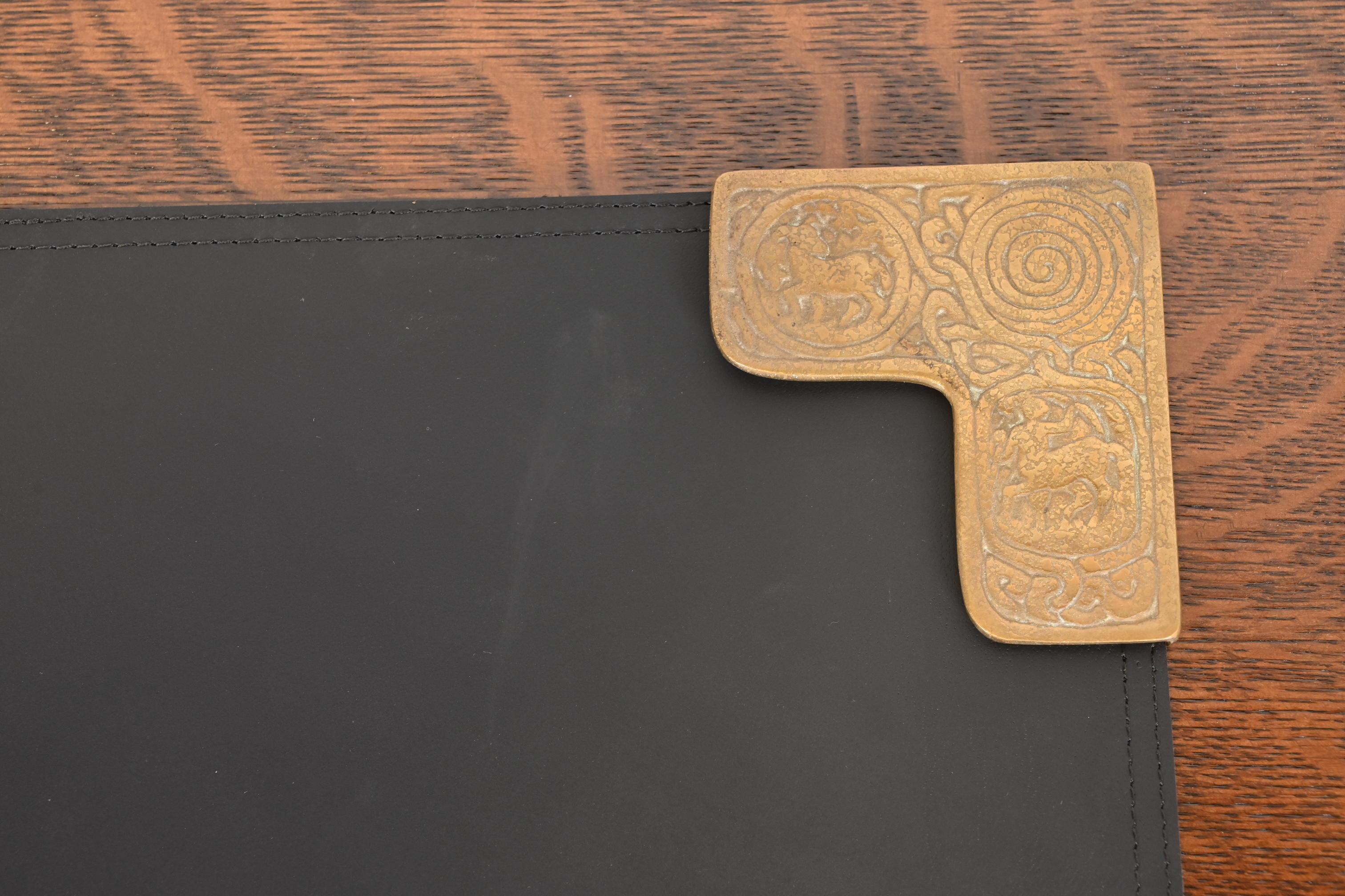 Tiffany Studios Zodiac Bronze Doré Blotter Corners With Leather Desk Blotter For Sale 2