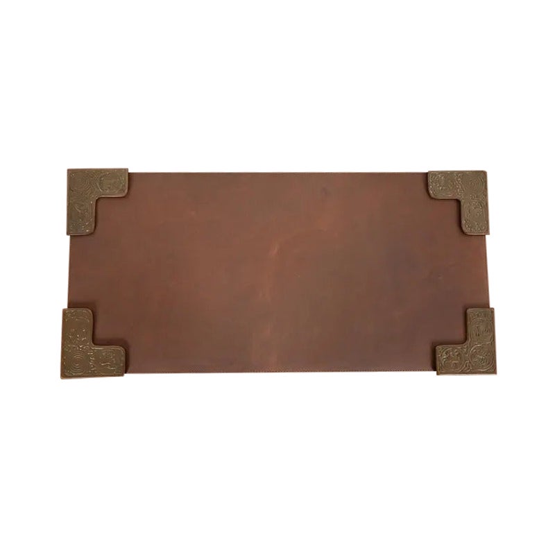 Tiffany Studios Zodiac Pattern Bronze Blotter Corners With Leather Desk Blotter