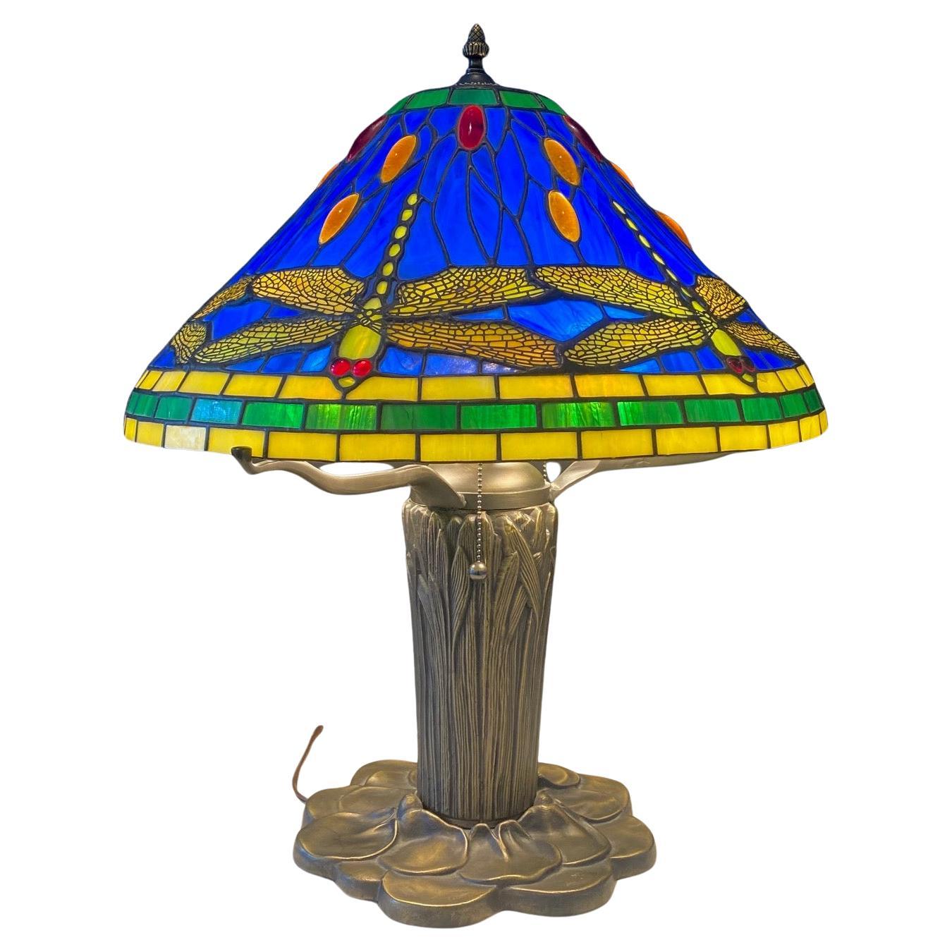 Tiffany Style Art Nouveau Bronze Dragonfly Table Lamp For Sale