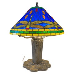 Tiffany Style Art Nouveau Bronze Dragonfly Table Lamp