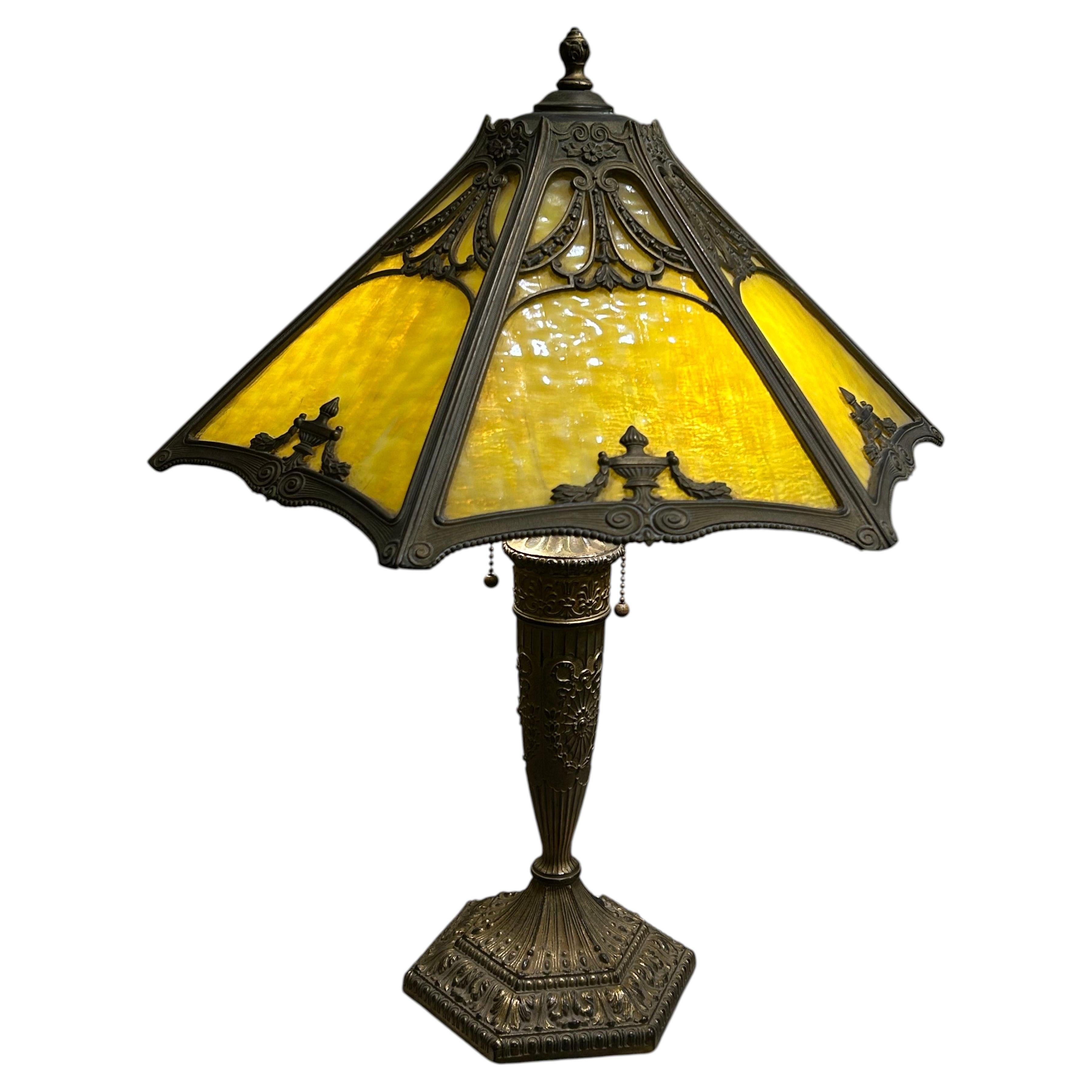 Tiffany Style Art Nouveau Slag Glass Table Lamp with Amber Glass Shade