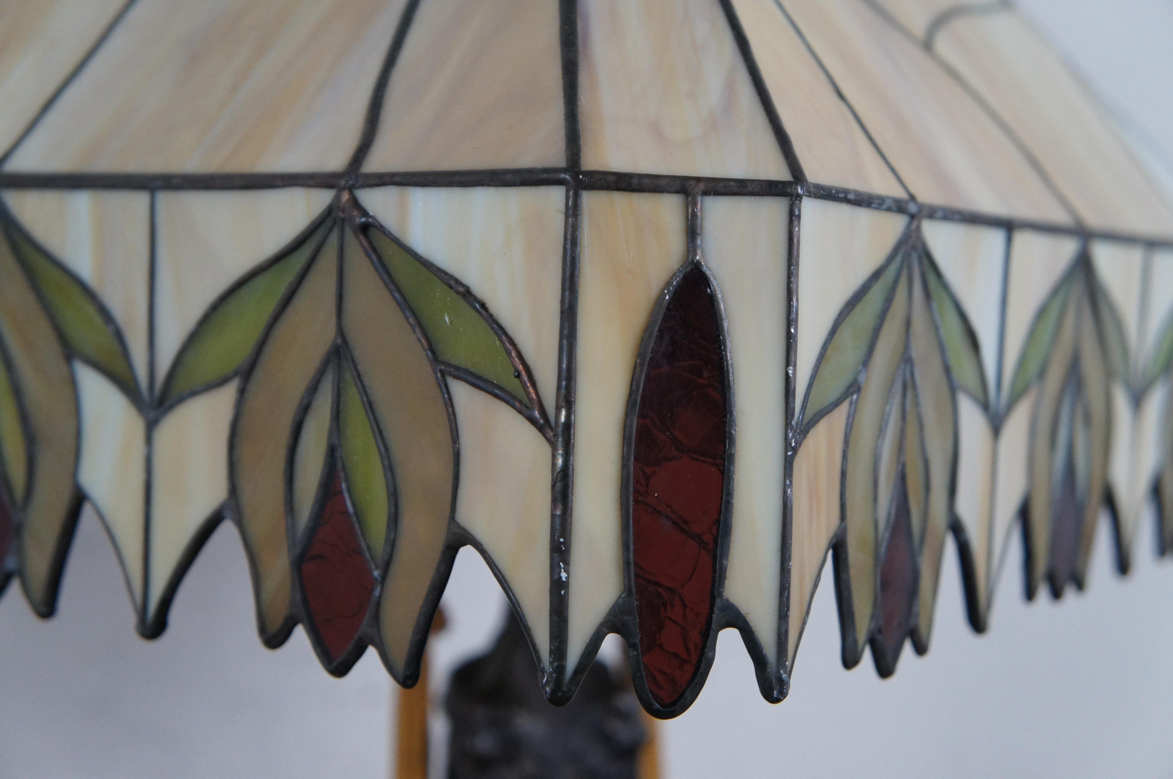 Metal Tiffany Style Art Nouveau Slag Stained Glass Two Light Parlor Lamp For Sale