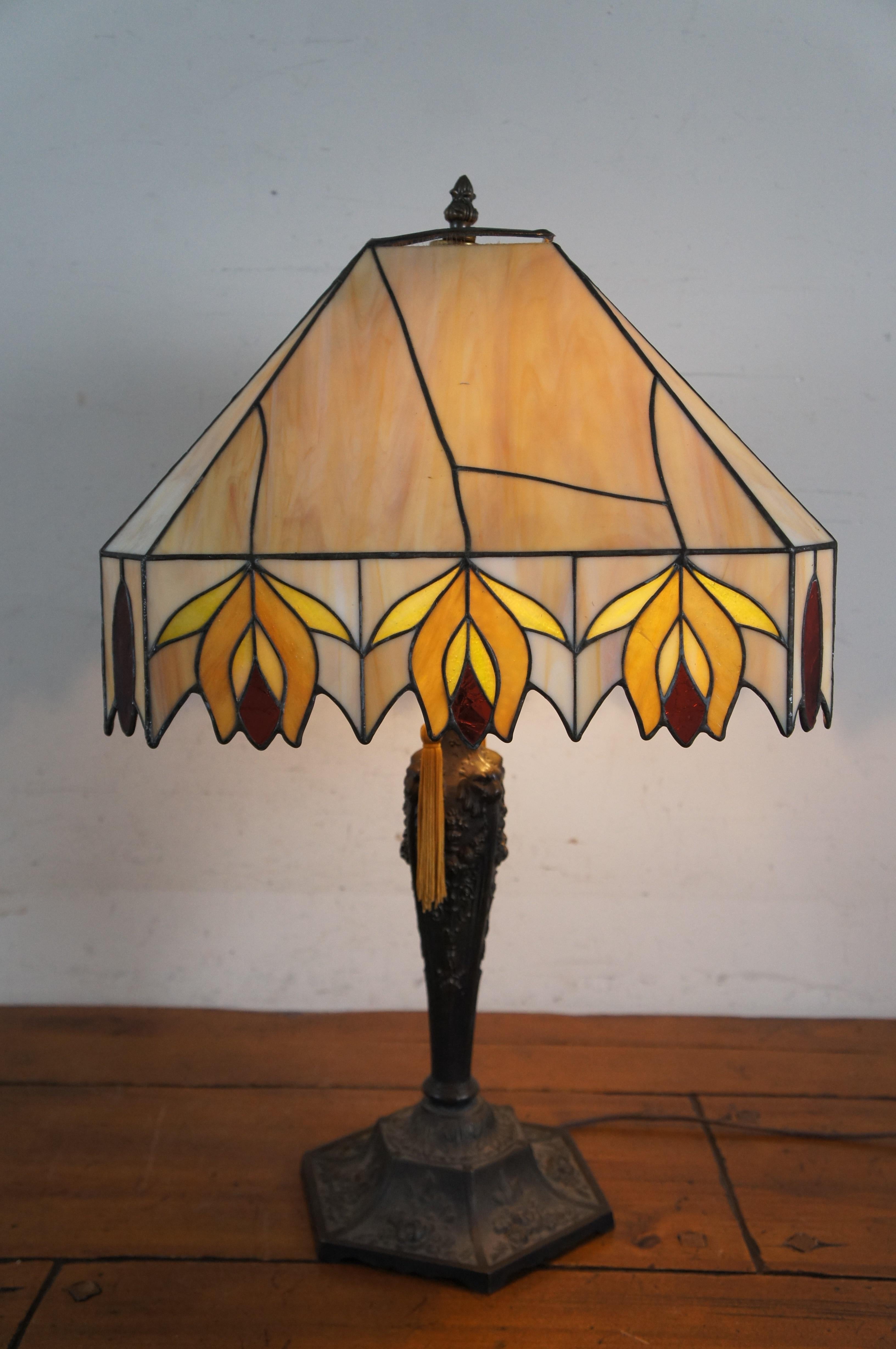 Tiffany Style Art Nouveau Slag Stained Glass Two Light Parlor Lamp For Sale 2