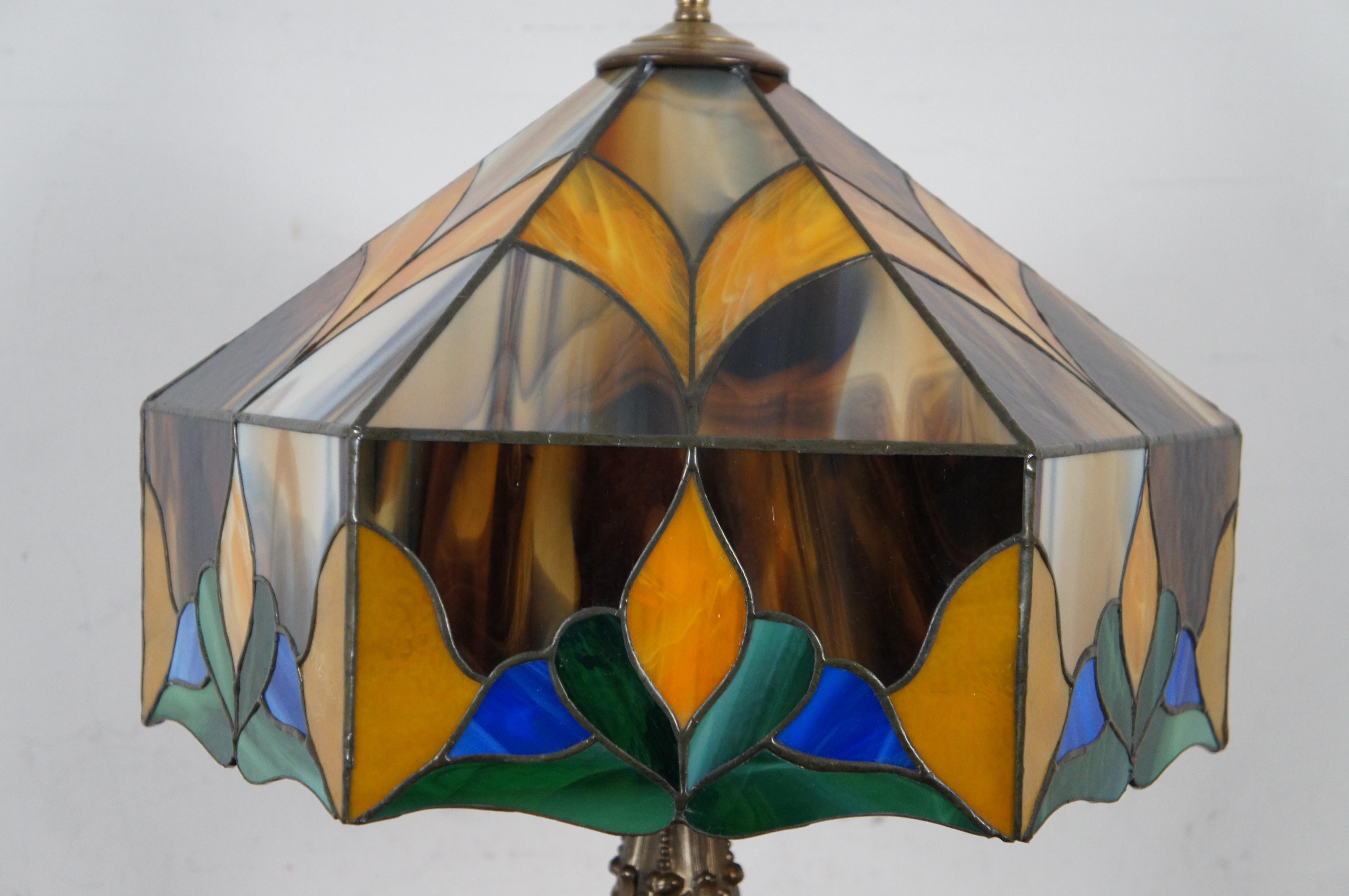 20th Century Tiffany Style Art Nouveau Stained Slag Glass 2 Light Parlor Table Lamp 26
