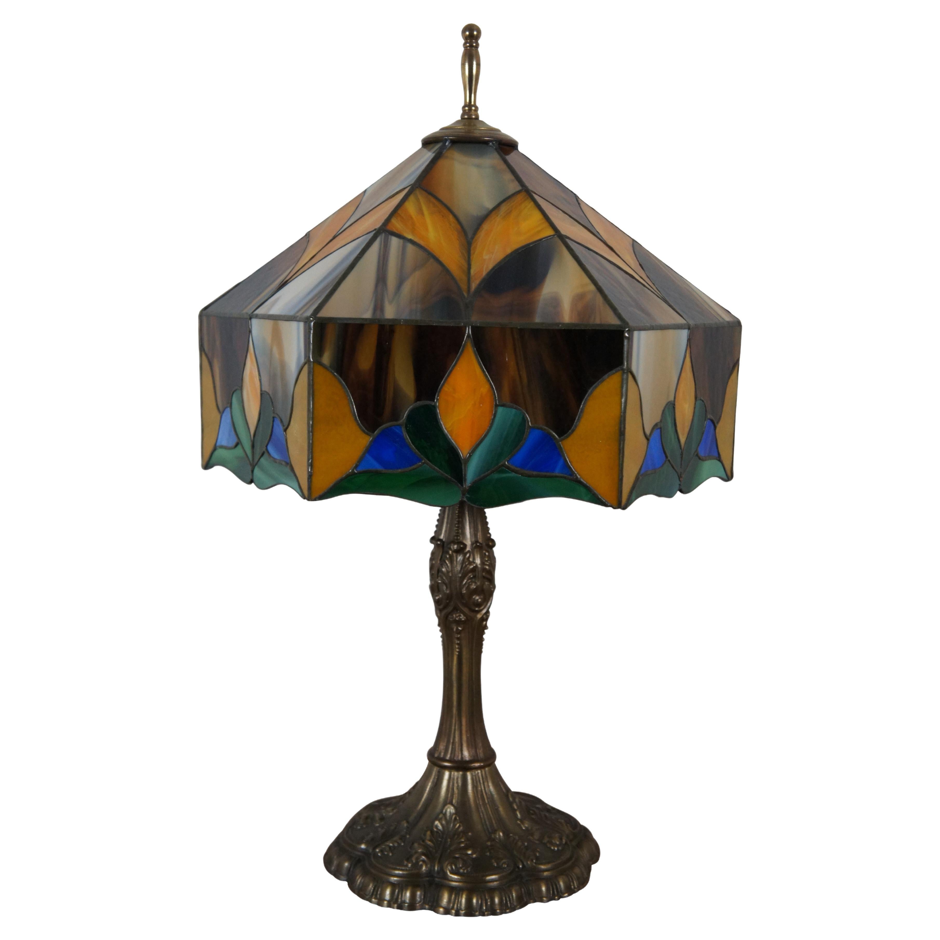 Tiffany Style Art Nouveau Stained Slag Glass 2 Light Parlor Table Lamp 26" For Sale
