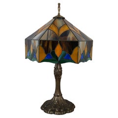 Antique Tiffany Style Art Nouveau Stained Slag Glass 2 Light Parlor Table Lamp 26"