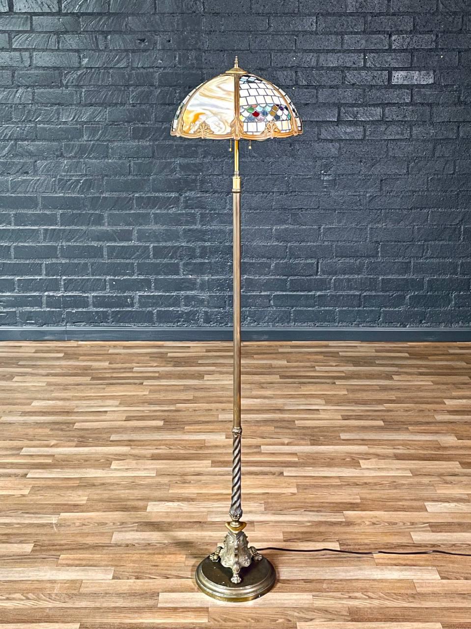 Mid-Century Modern Tiffany Style Art Nouveau Style Floor Lamp w/ Slag Glass Shade For Sale