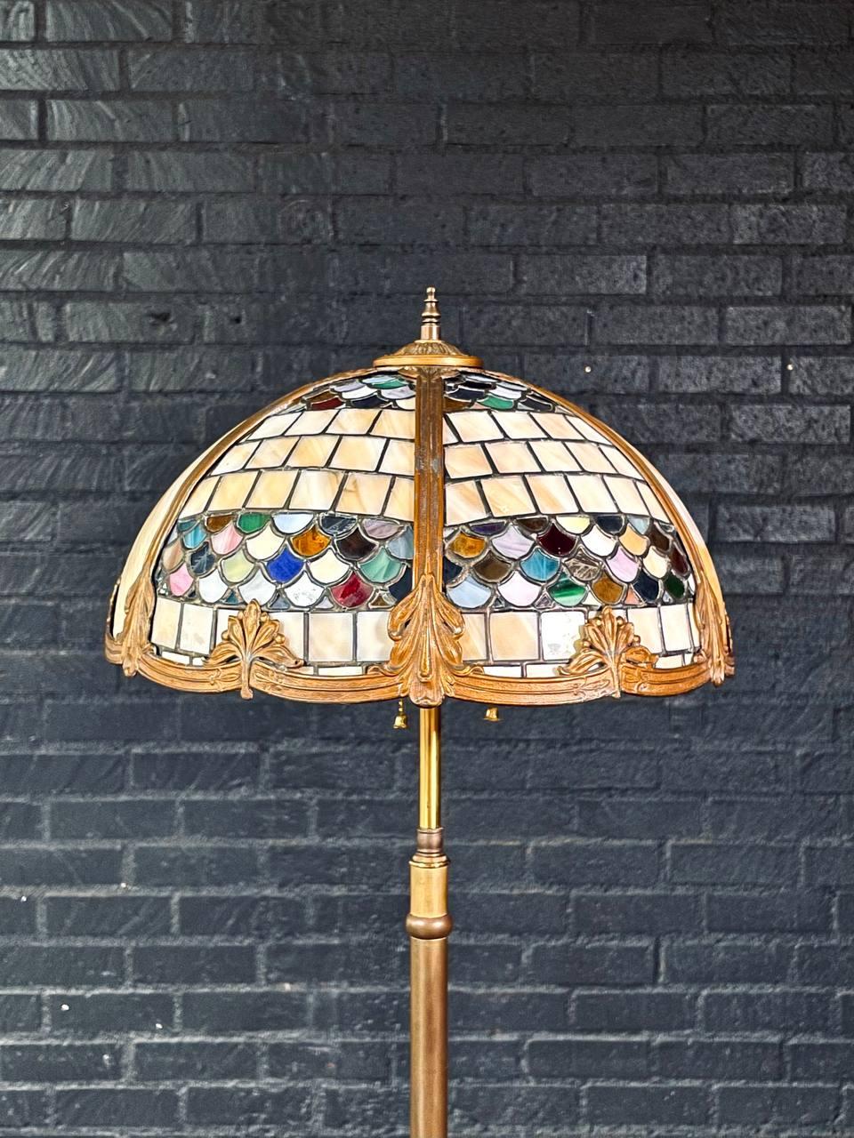 American Tiffany Style Art Nouveau Style Floor Lamp w/ Slag Glass Shade For Sale