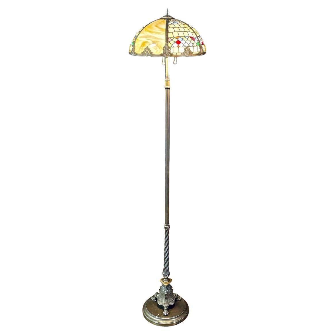 Tiffany Style Art Nouveau Style Floor Lamp w/ Slag Glass Shade For Sale