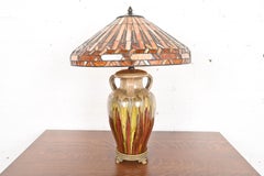 Tiffany Style Arts & Crafts Ceramic Table Lamp With Stained Glass Shade