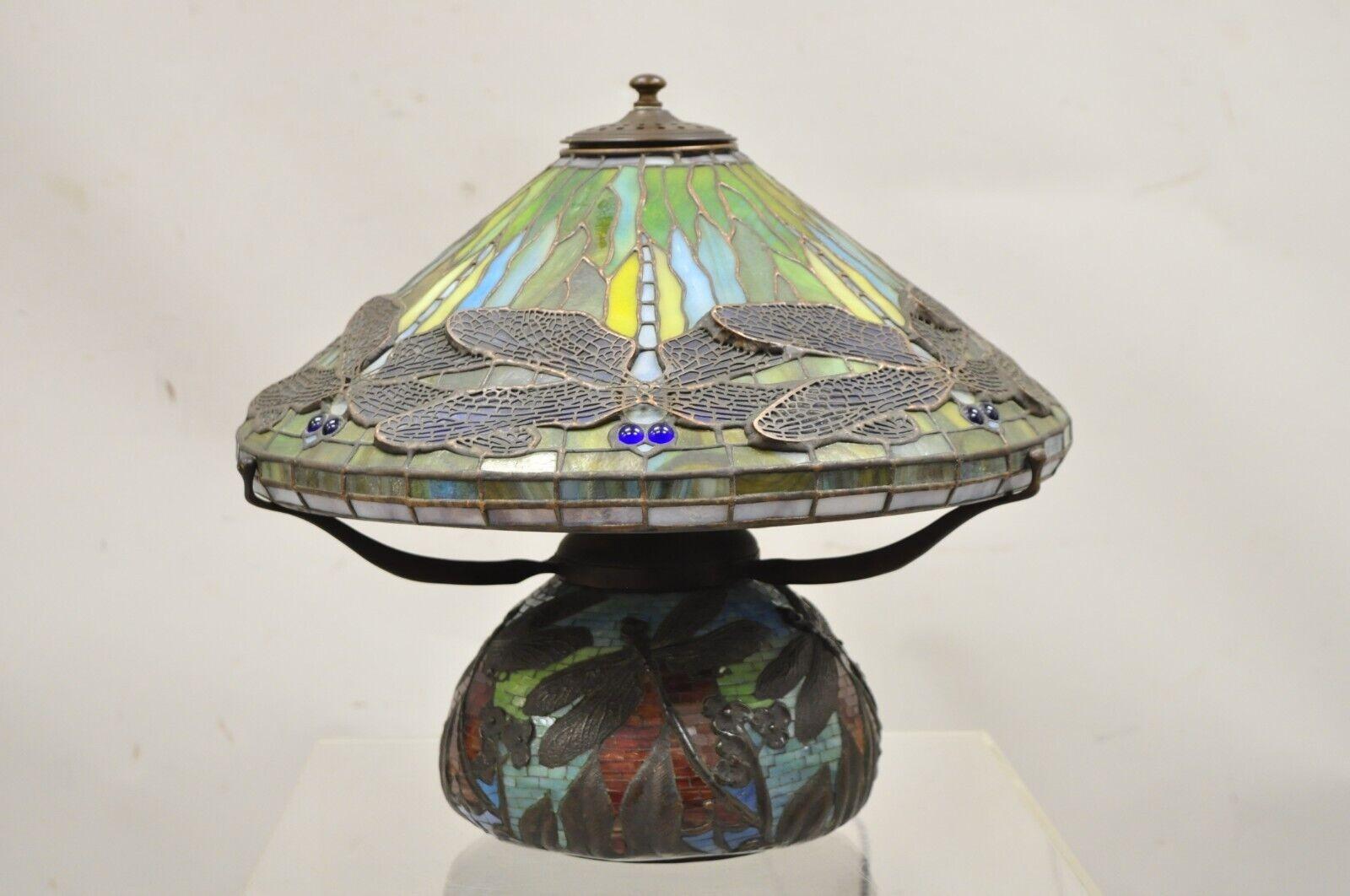 Tiffany Style Bronze and Leaded Stained Glass Blue Eye Dragonfly Table Lamp For Sale 7