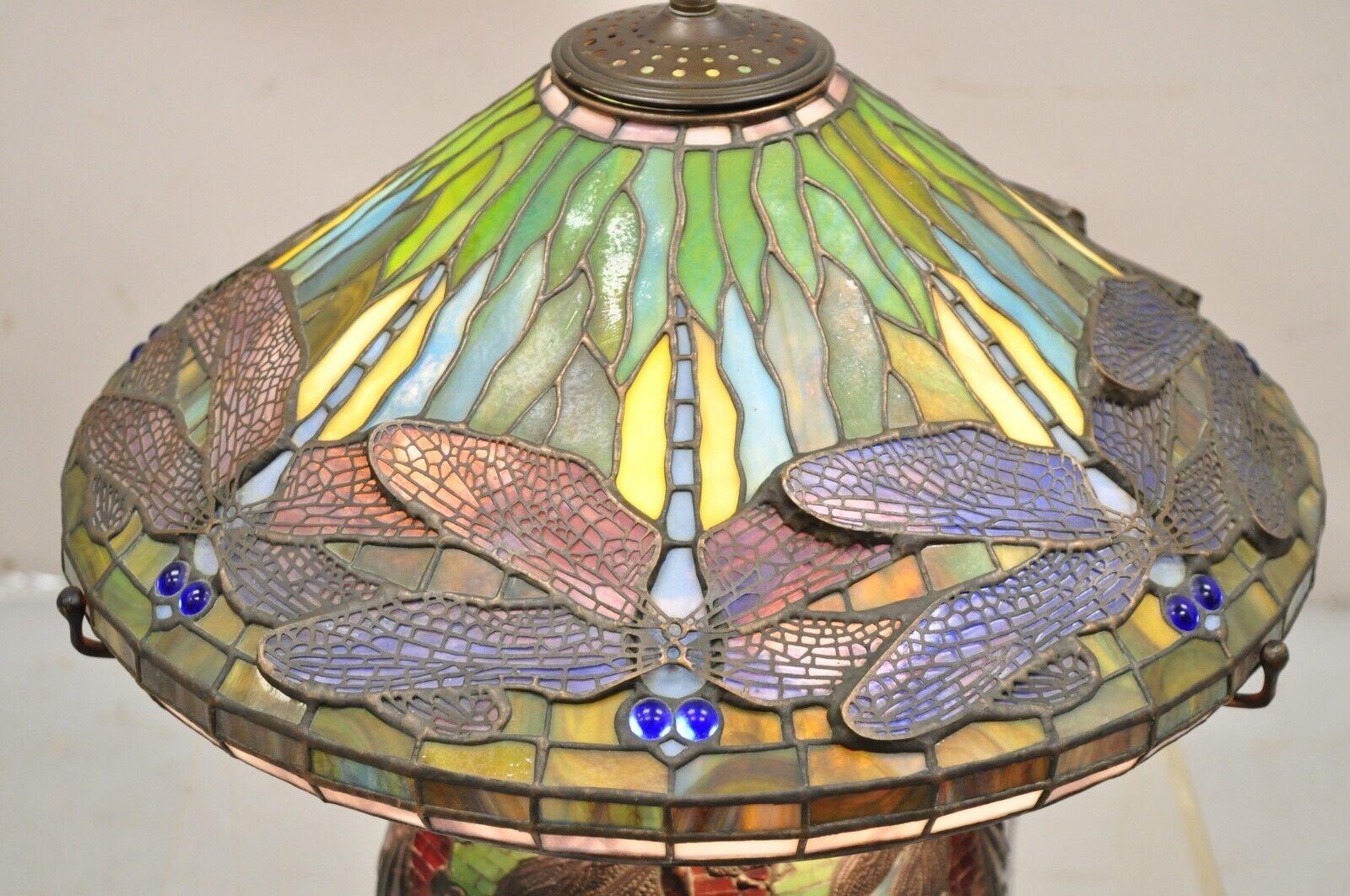 Art Nouveau Tiffany Style Bronze and Leaded Stained Glass Blue Eye Dragonfly Table Lamp For Sale