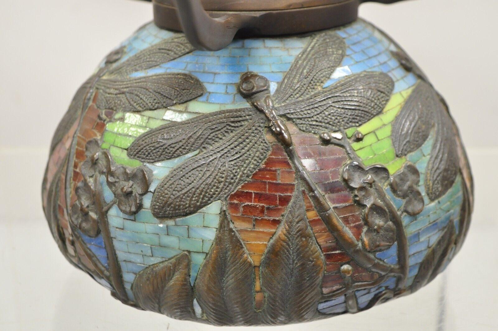 Tiffany Style Bronze and Leaded Stained Glass Blue Eye Dragonfly Table Lamp In Good Condition For Sale In Philadelphia, PA