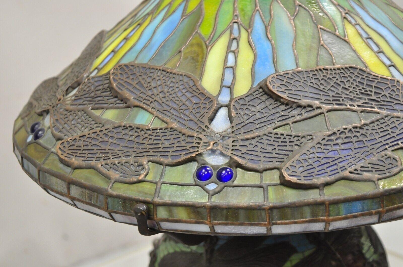 20th Century Tiffany Style Bronze and Leaded Stained Glass Blue Eye Dragonfly Table Lamp For Sale