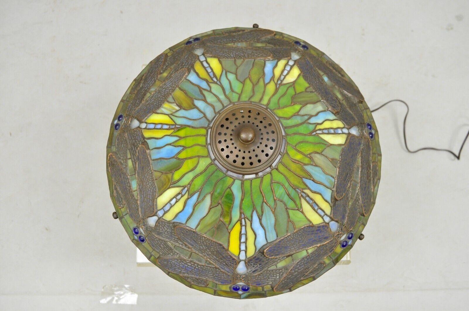 Tiffany Style Bronze and Leaded Stained Glass Blue Eye Dragonfly Table Lamp In Good Condition In Philadelphia, PA