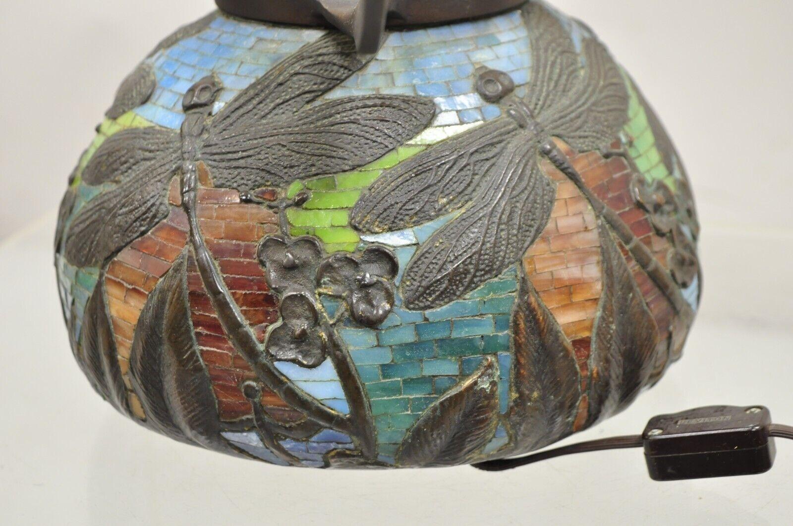 Tiffany Style Bronze and Leaded Stained Glass Blue Eye Dragonfly Table Lamp For Sale 2