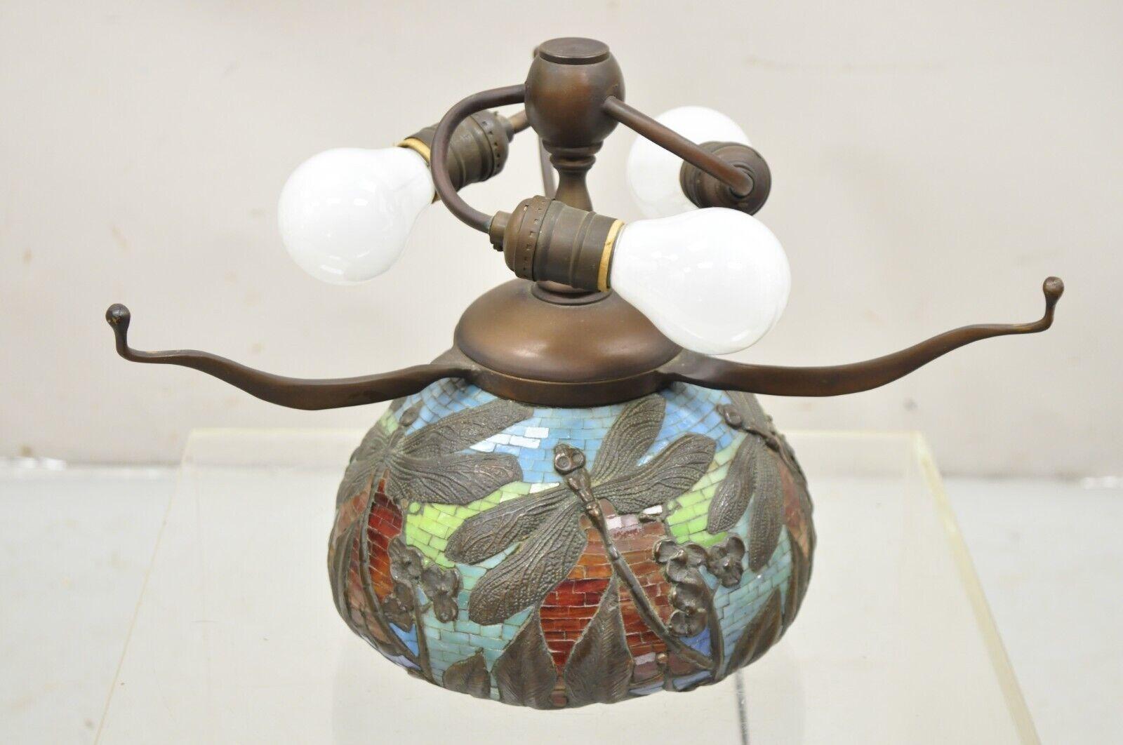 Tiffany Style Bronze and Leaded Stained Glass Blue Eye Dragonfly Table Lamp For Sale 4