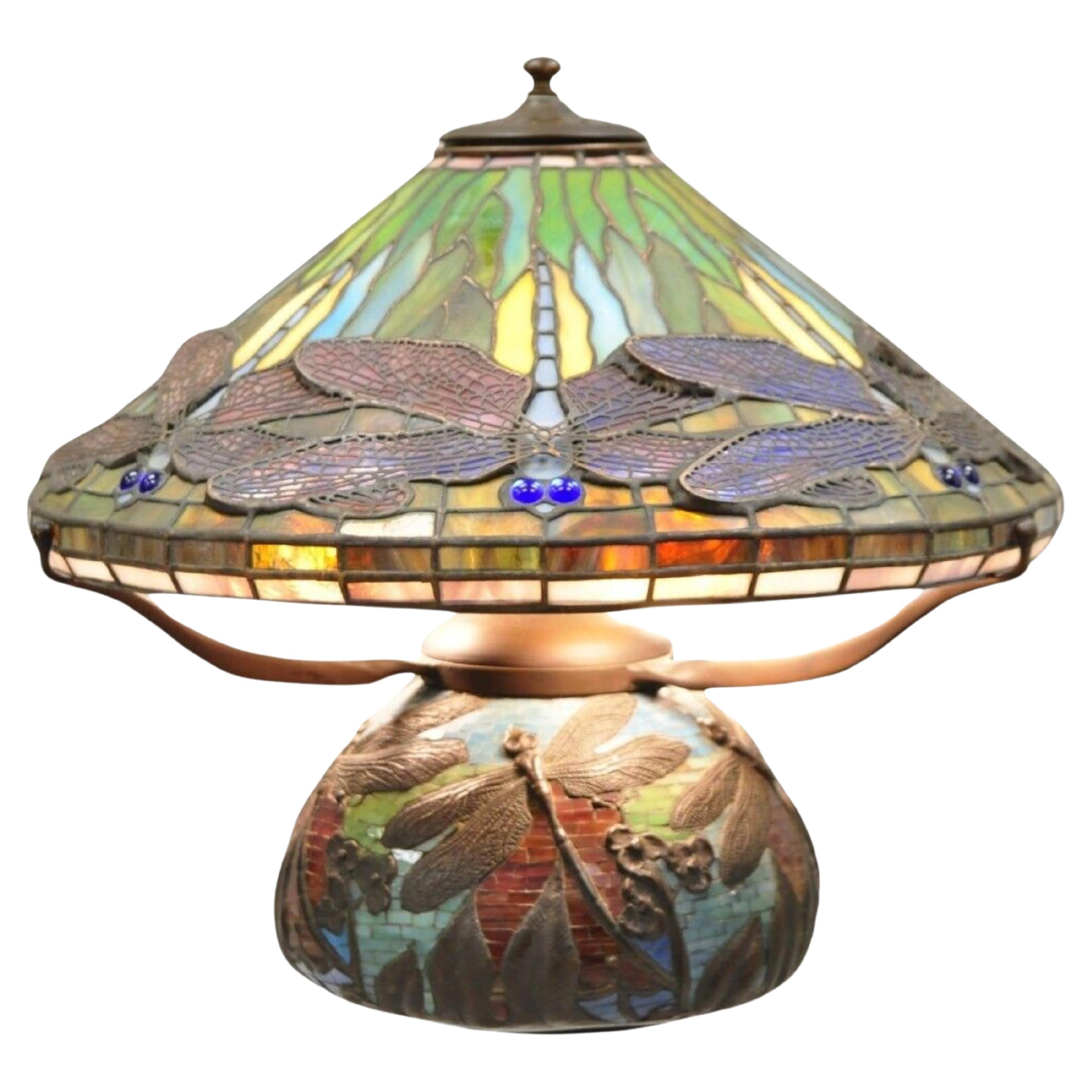 Tiffany Style Bronze and Leaded Stained Glass Blue Eye Dragonfly Table Lamp For Sale