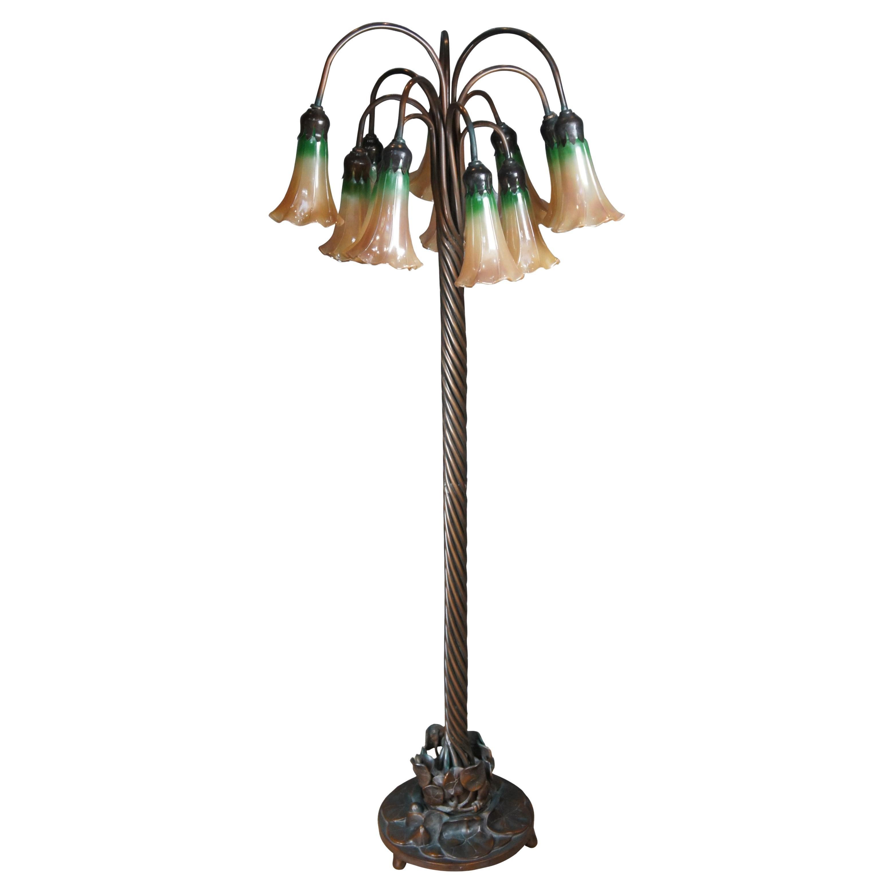Tiffany Stil Bronze Art Nouveau 12 Arm Lily Pad Tulpen Stehlampe 54" im Angebot