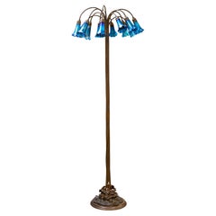 Tiffany Style Bronze Floor Lamp with 12 Blue Glass Shades by Charles Lotton