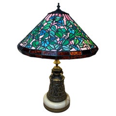 Antique Tiffany Style Bronze Table Lamp With Blue Trumpet Flowers Design