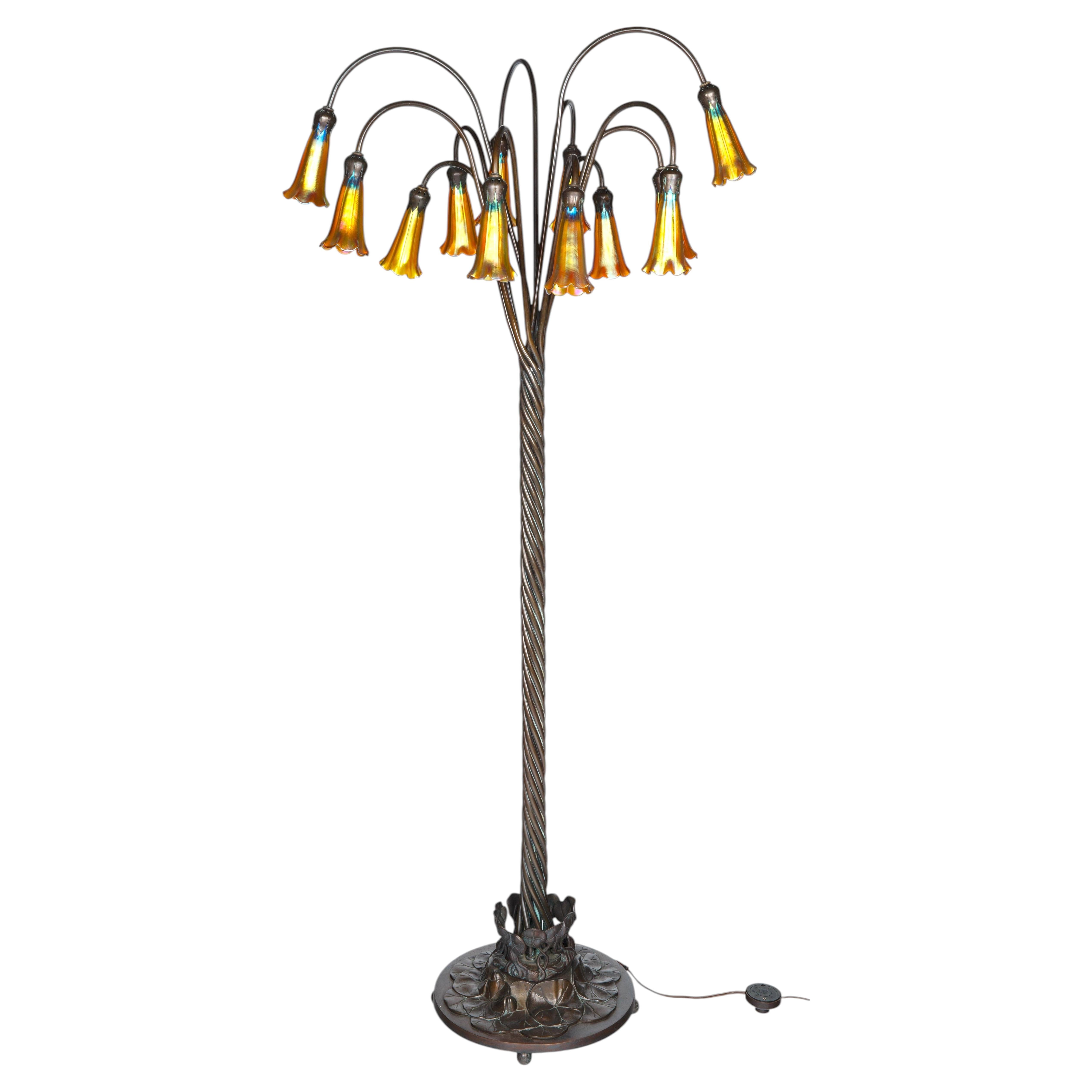 Tiffany Style Bronze Twelve-Light Floor Lamp with Charles Lotton Art Glass Shade