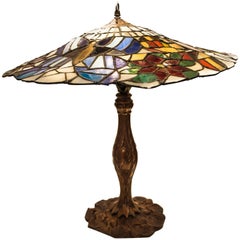 Antique Tiffany Style circa 1900 Table Lamp in Polychromed Leaded Glass and Bronze