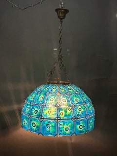 Tiffany Style Glass and Copper Pendant Chandelier,  circa 1940s