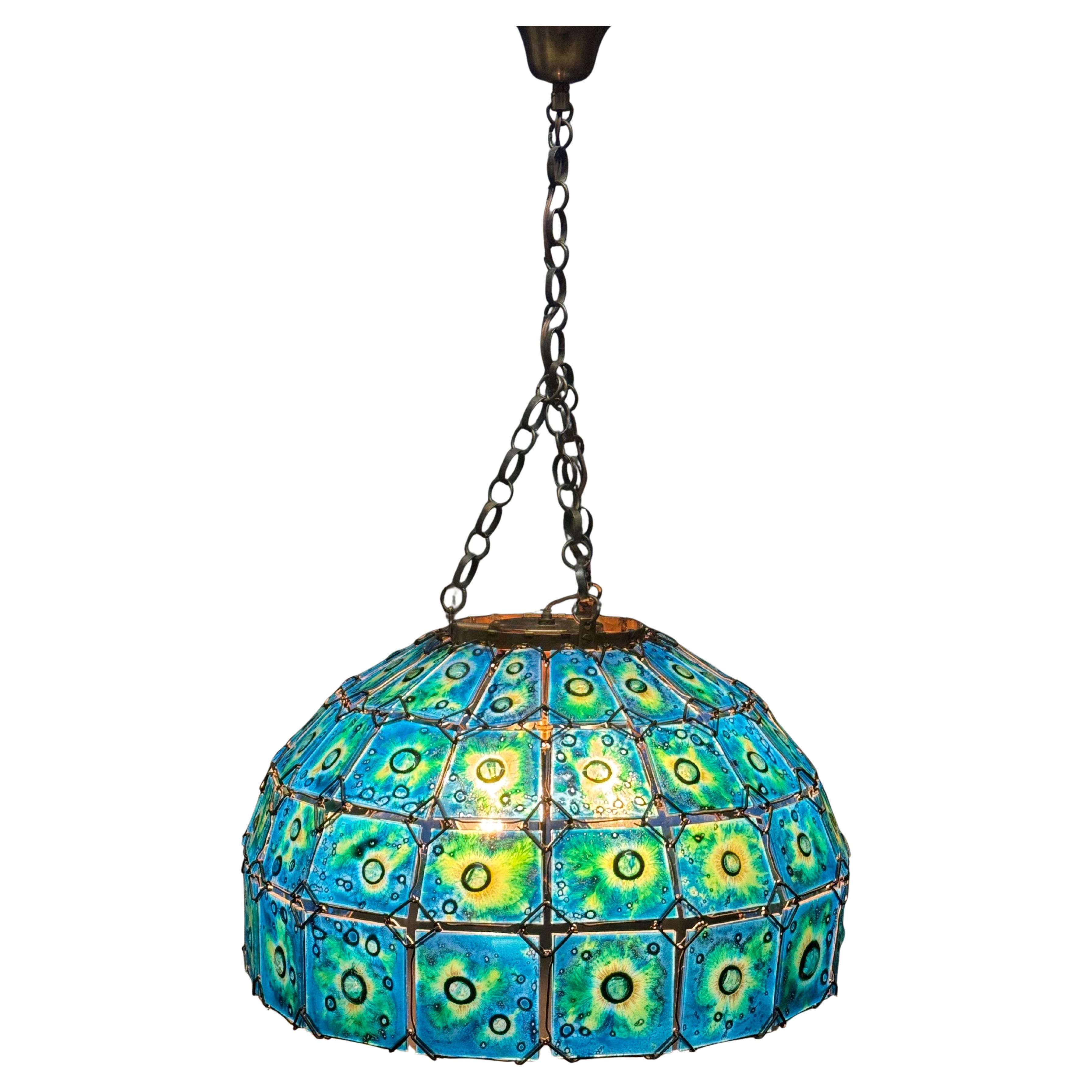Tiffany Style Glass and Copper Pendant Chandelier,  circa 1940s