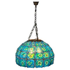 Tiffany Style Glass and Copper Pendant Chandelier,  circa 1940s
