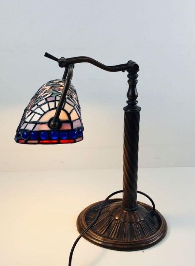 Art Deco Tiffany Style Leaded Glass Bankers Desk Lamp Table Lamp, 1950s For Sale