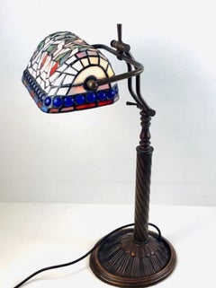 Used Tiffany Style Leaded Glass Bankers Desk Lamp Table Lamp, 1950s