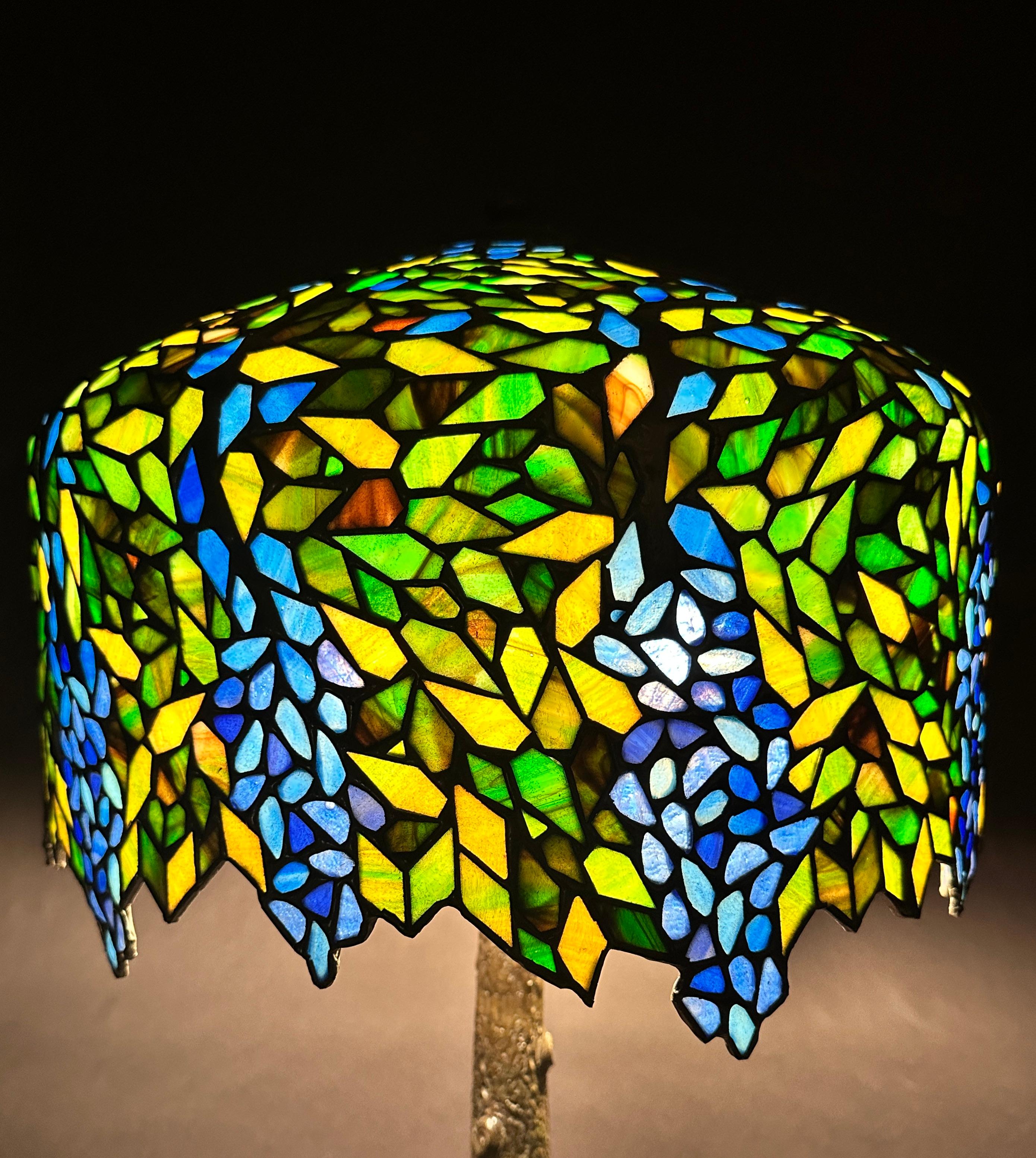 Art Nouveau Leaded Glass And Bronze Handel Tree Trunk Form Table Lamp