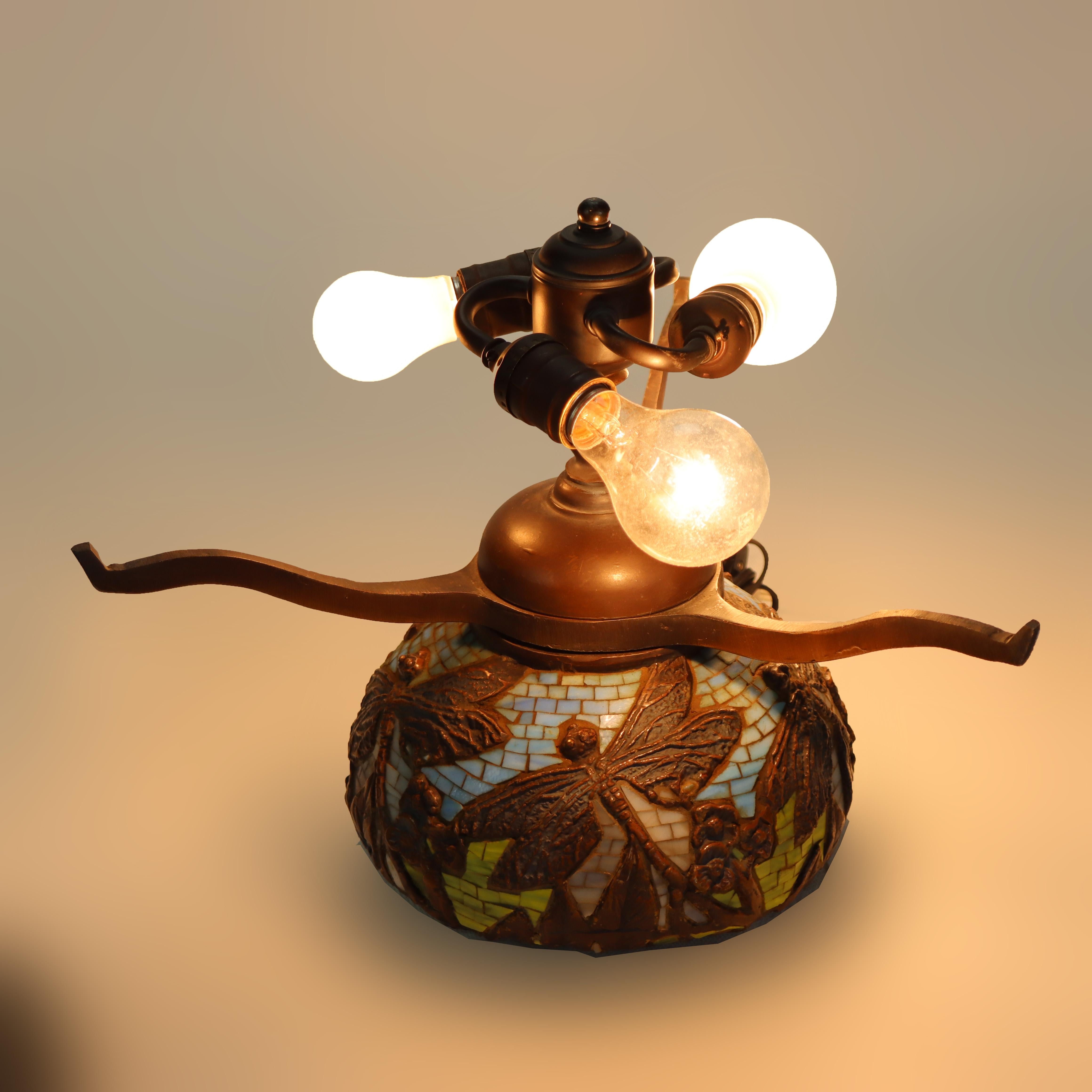 Tiffany Style Leaded Glass Table Lamp with Dragonfly Pattern 20thC For Sale 5