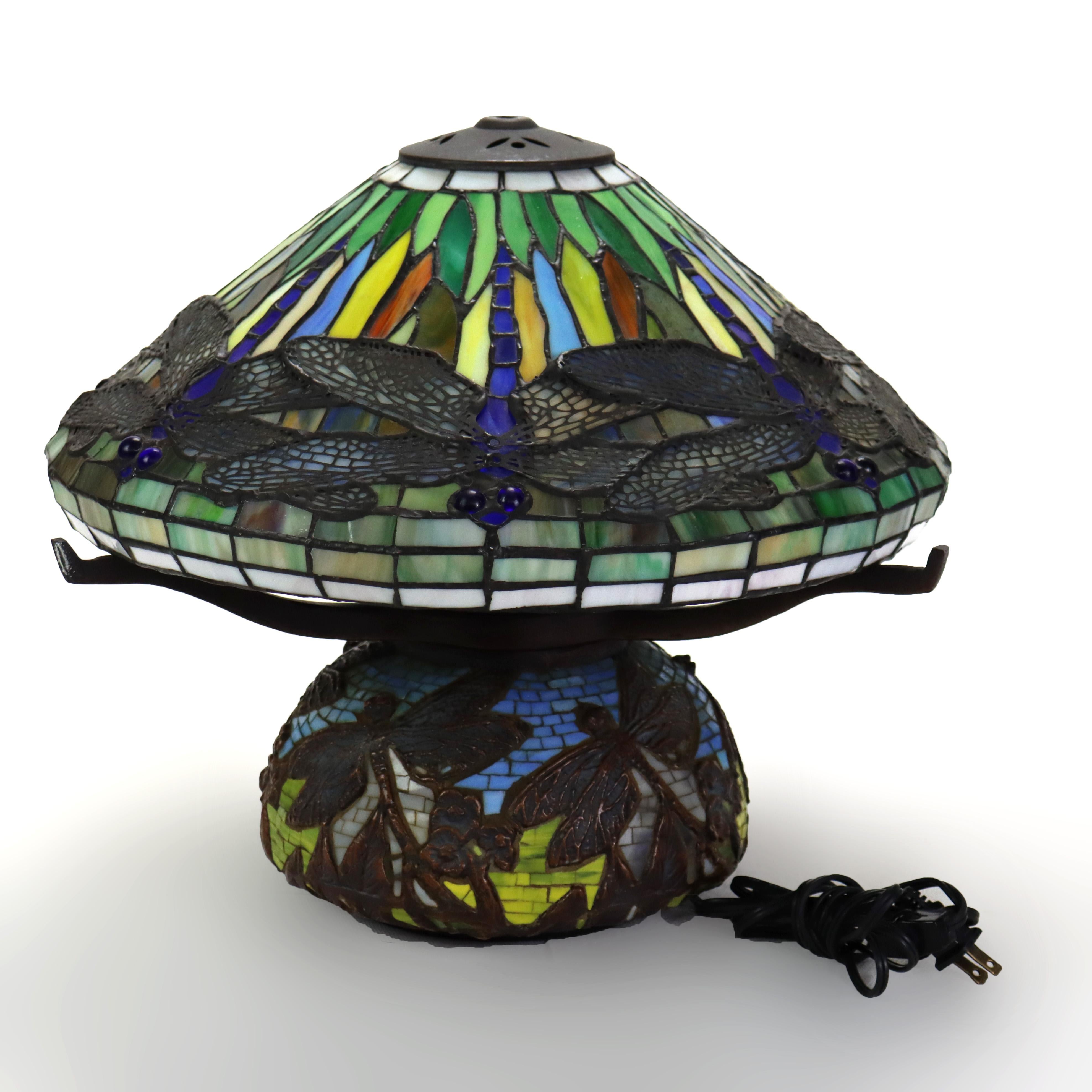 Tiffany Style Leaded Glass Table Lamp with Dragonfly Pattern 20thC For Sale 6