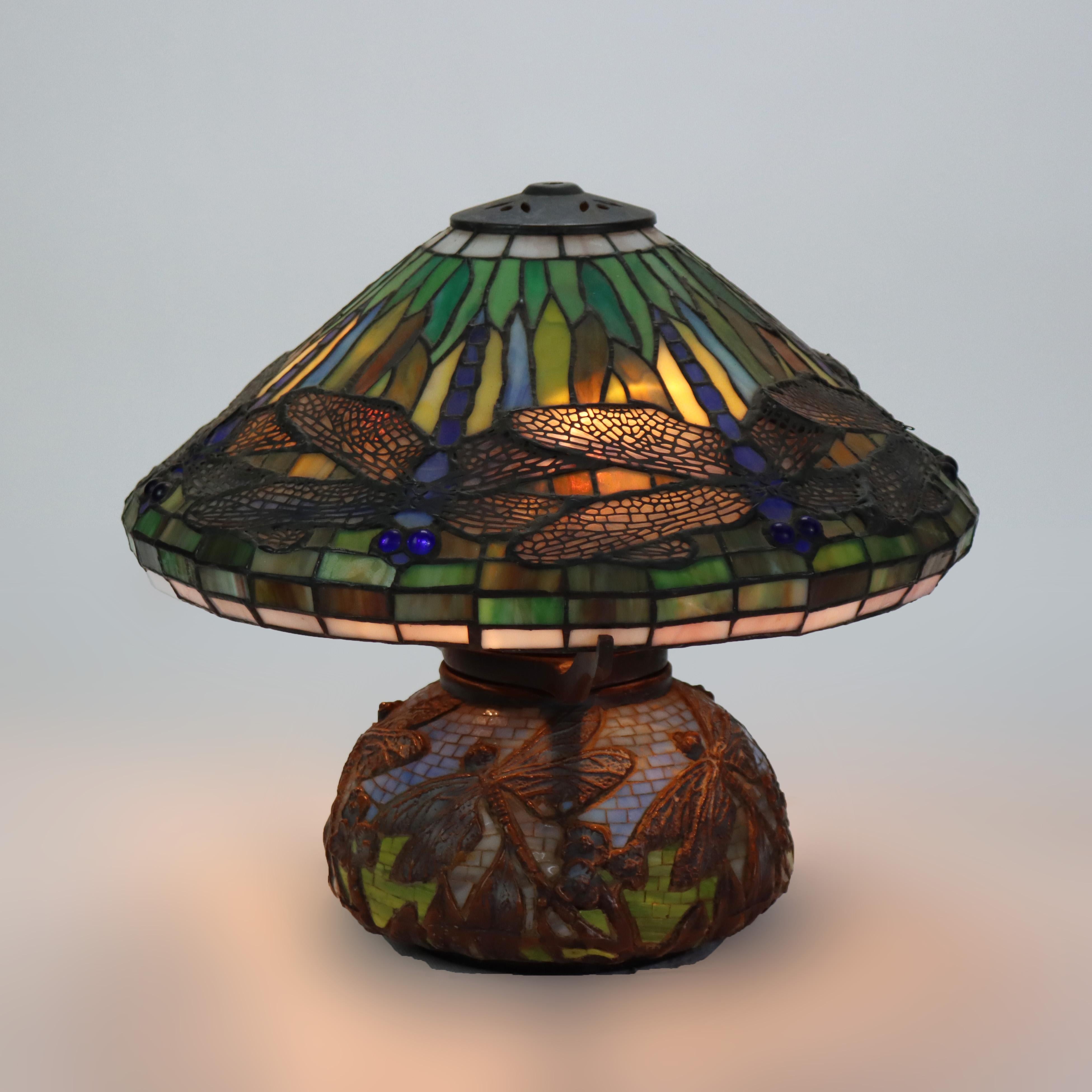 Arts and Crafts Tiffany Style Leaded Glass Table Lamp with Dragonfly Pattern 20thC For Sale