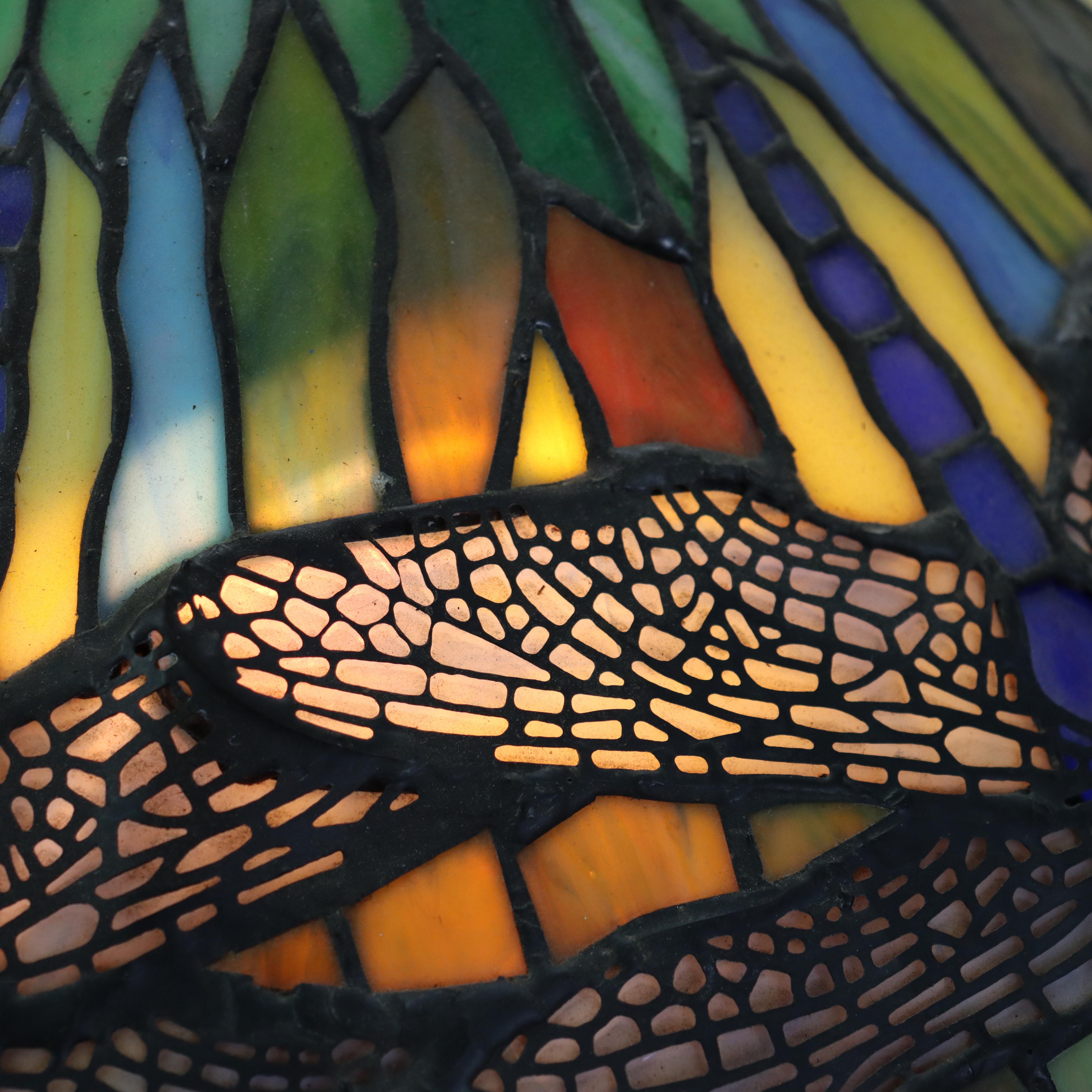 American Tiffany Style Leaded Glass Table Lamp with Dragonfly Pattern 20thC For Sale