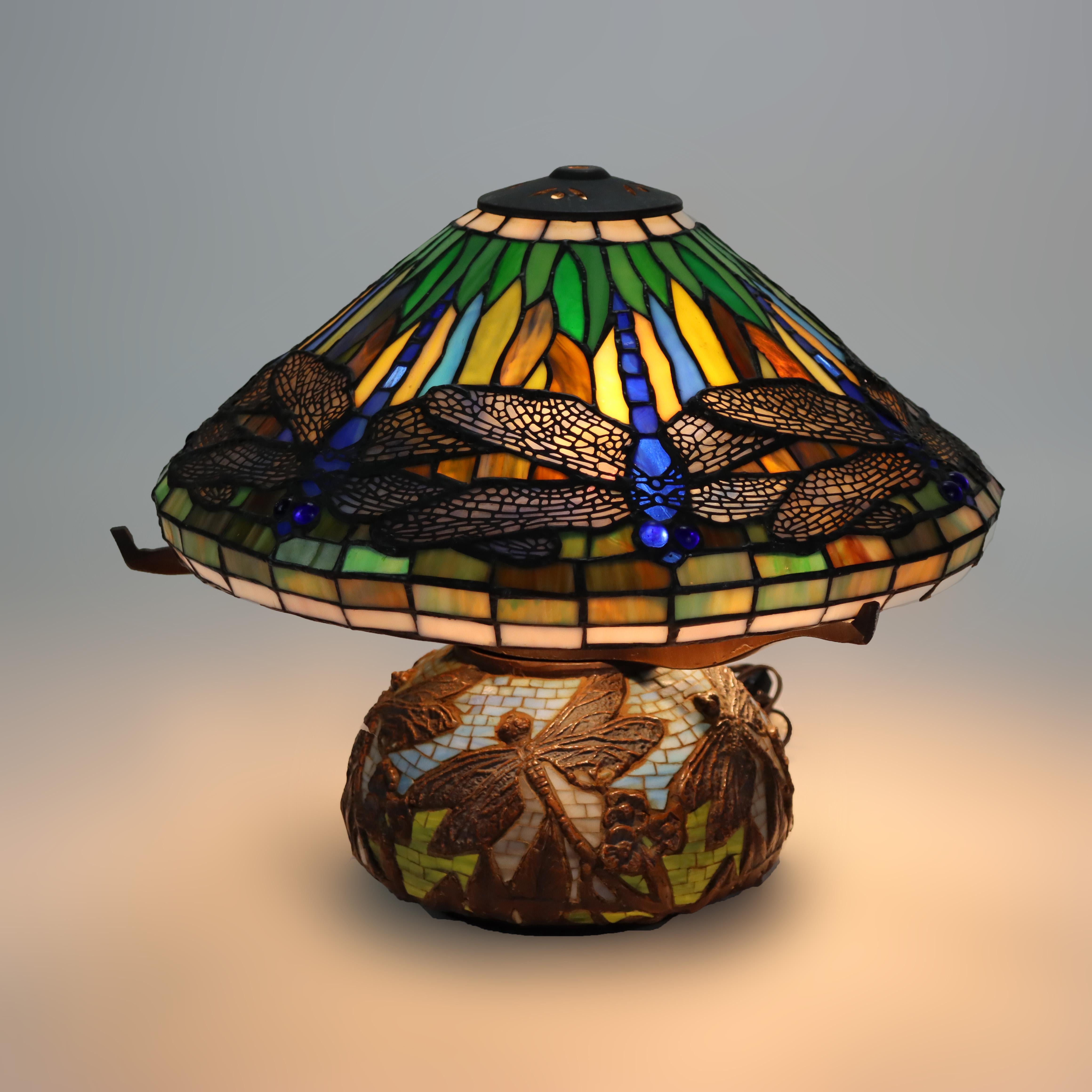 20th Century Tiffany Style Leaded Glass Table Lamp with Dragonfly Pattern 20thC For Sale